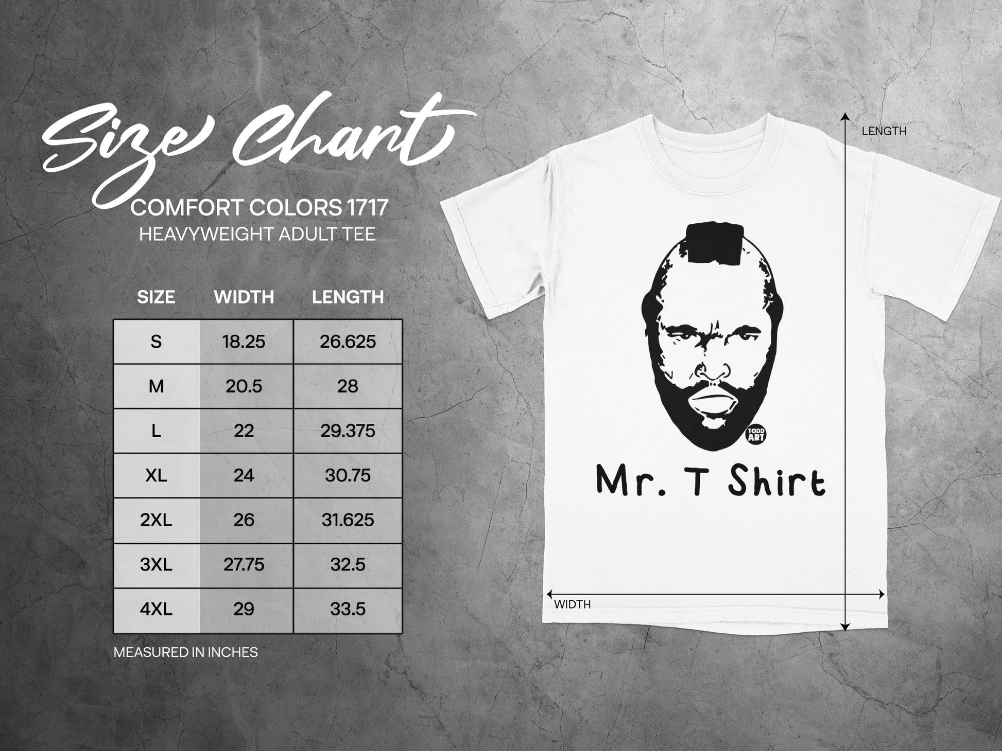 Size chart for Mr. T heavyweight adult t-shirt, showing width and length measurements.