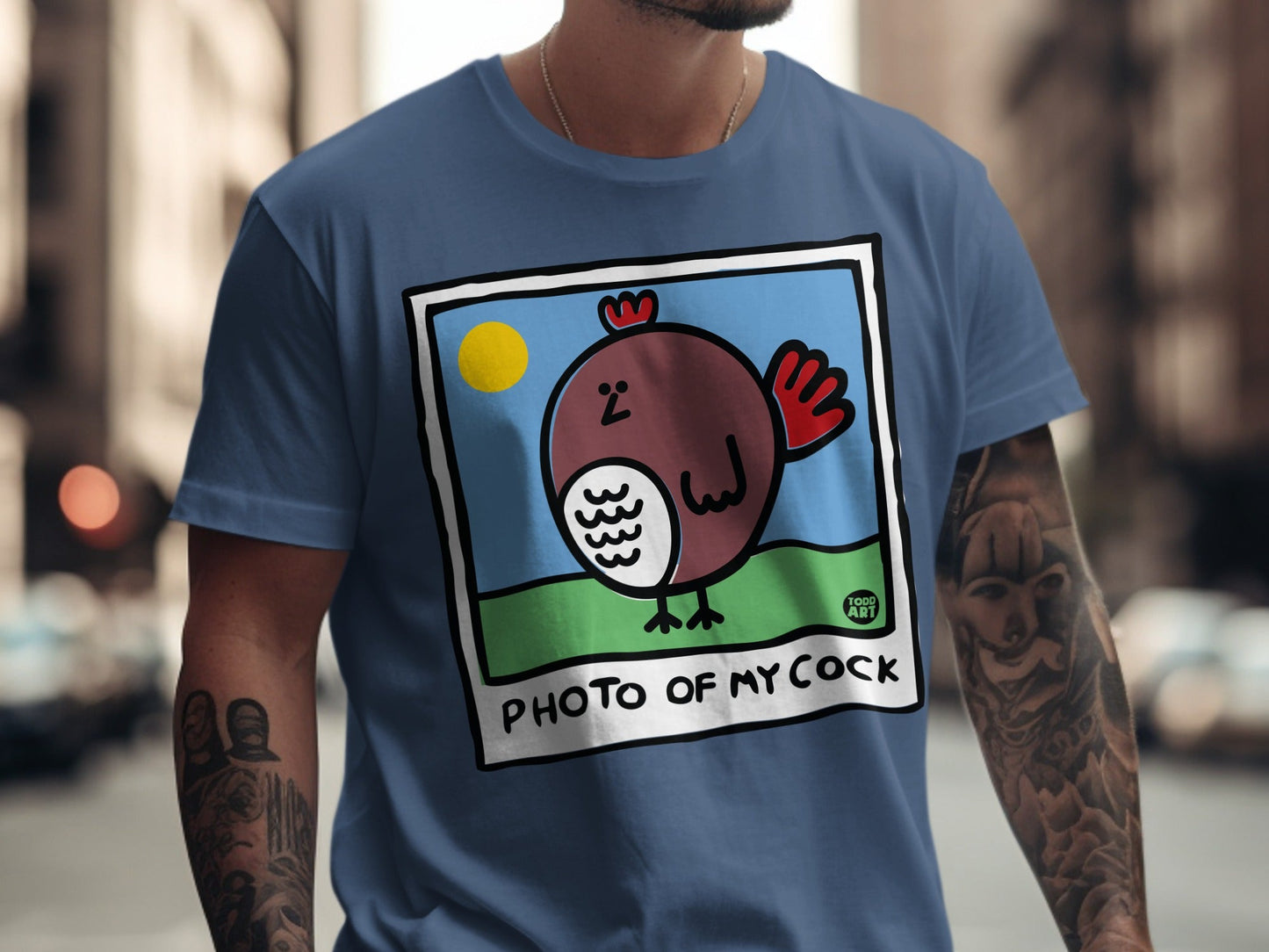 T-shirt with cartoon chicken illustration and text "PHOTO OF MY COCK".