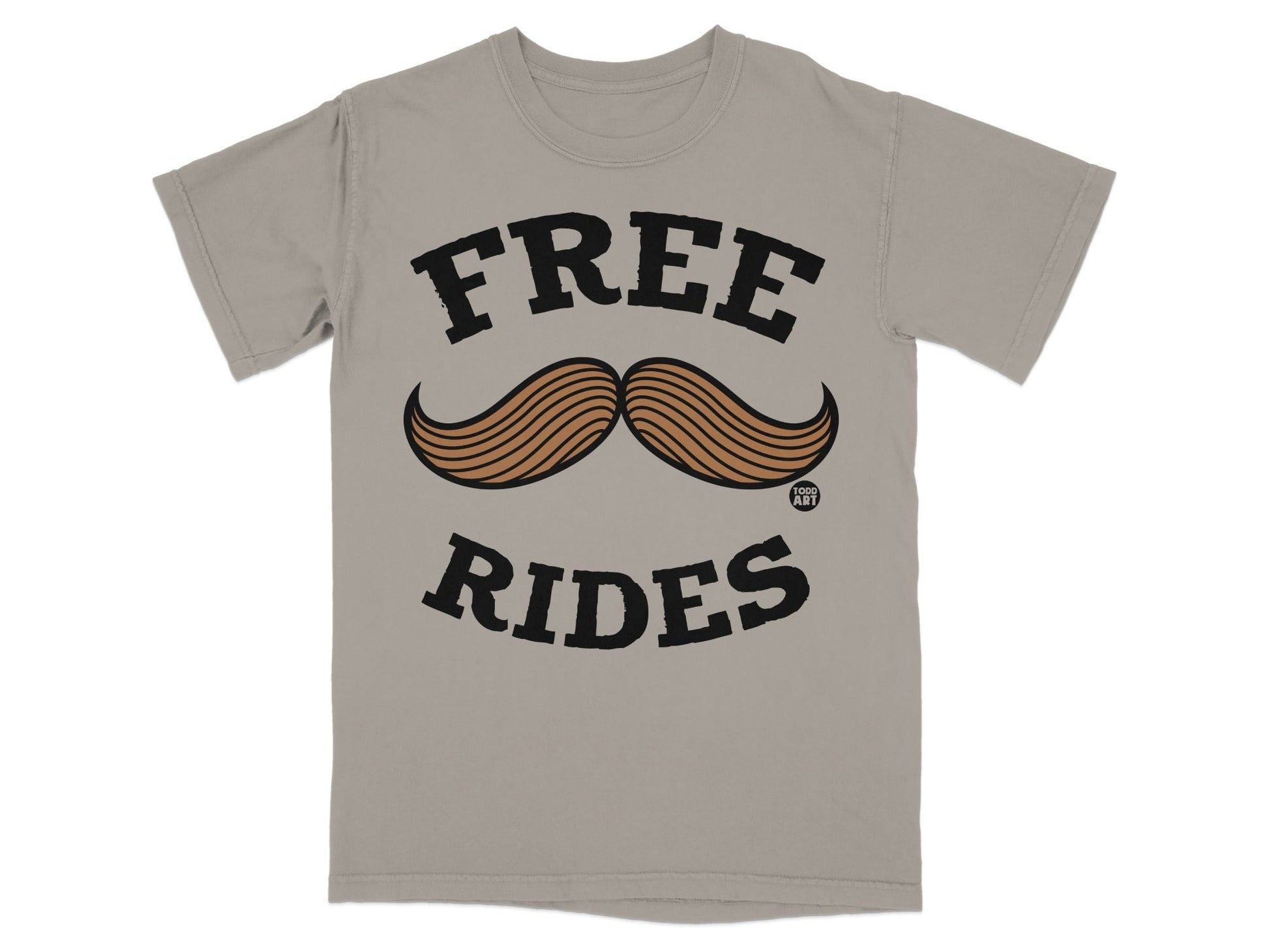 Gray t-shirt with "FREE RIDES" and a mustache graphic.