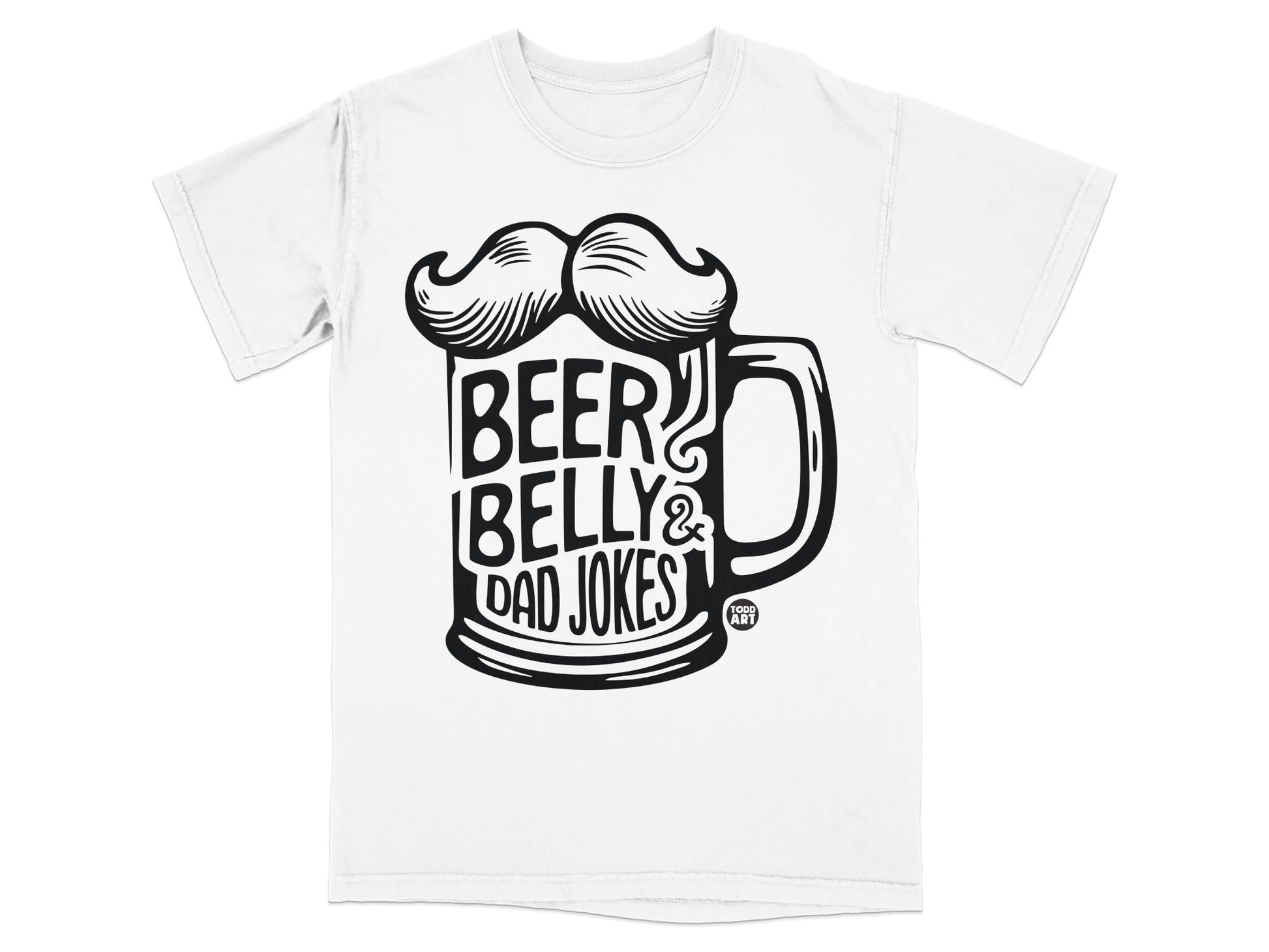 White t-shirt with black graphic of beer mug and text "BEER BELLY & DAD JOKES".