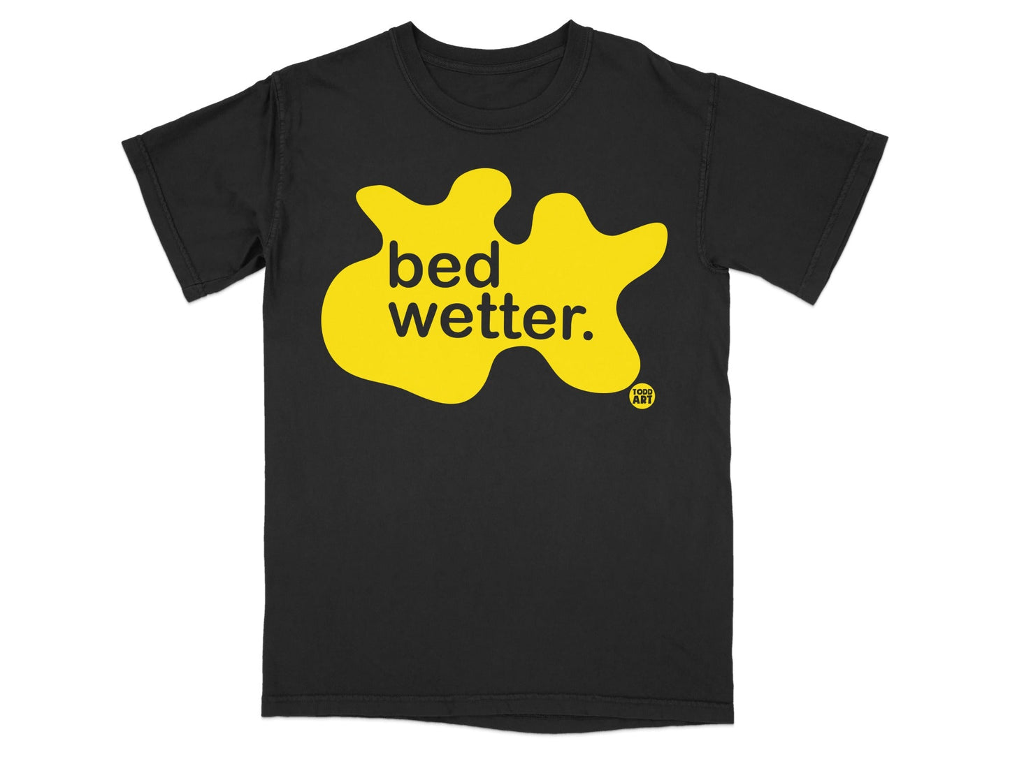 Black t-shirt with yellow "bed wetter." graphic and "1000 ART" logo.