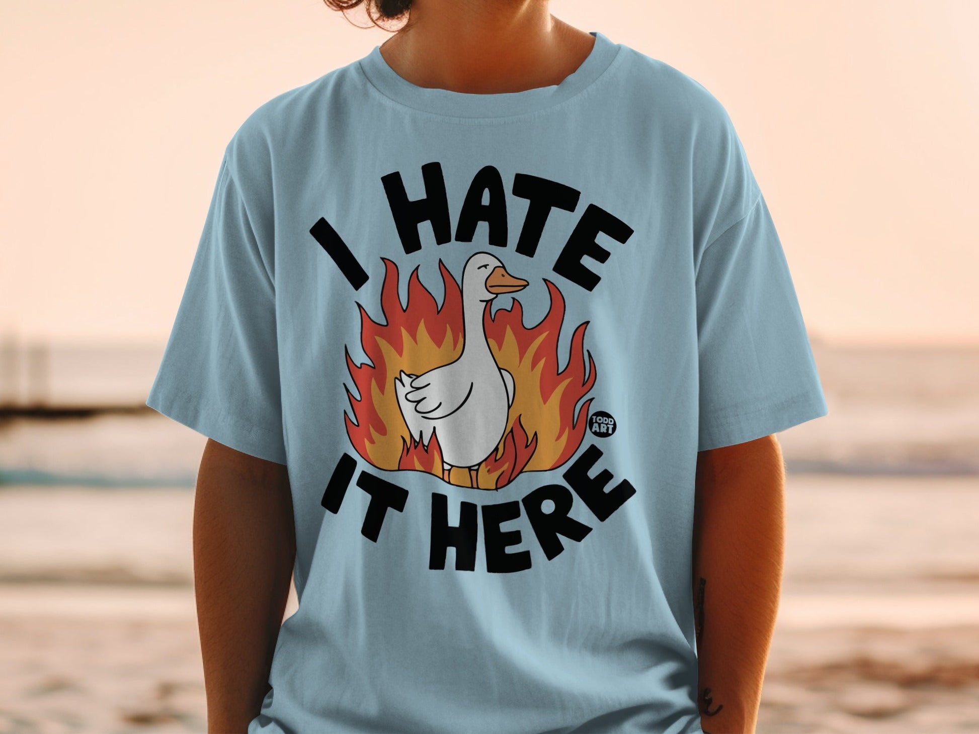 I Hate It Here Funny Graphic Duck on Fire Shirt
