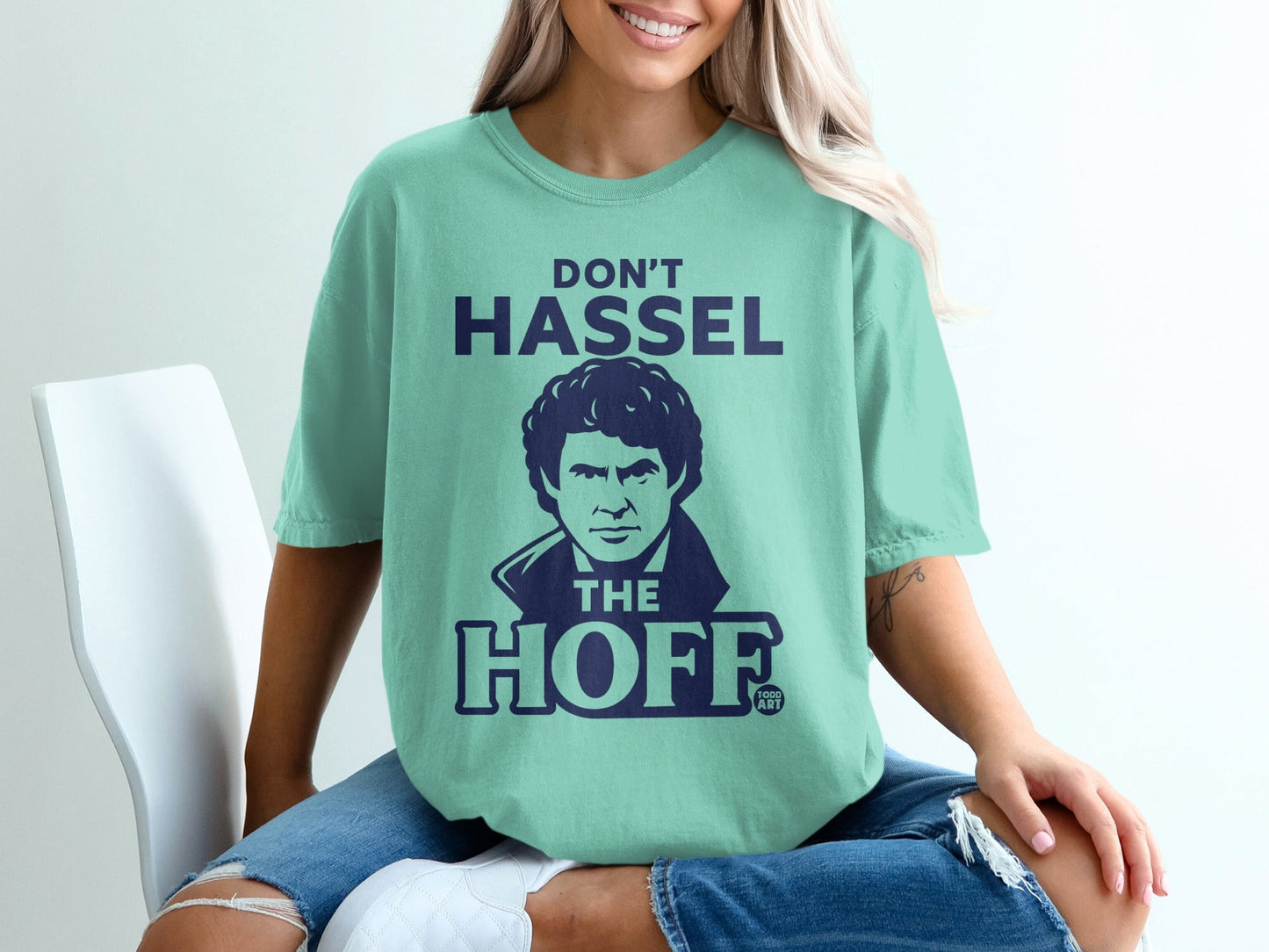 Mint t-shirt with "Don't HASSEL THE HOFF" text and a portrait of David Hasselhoff.