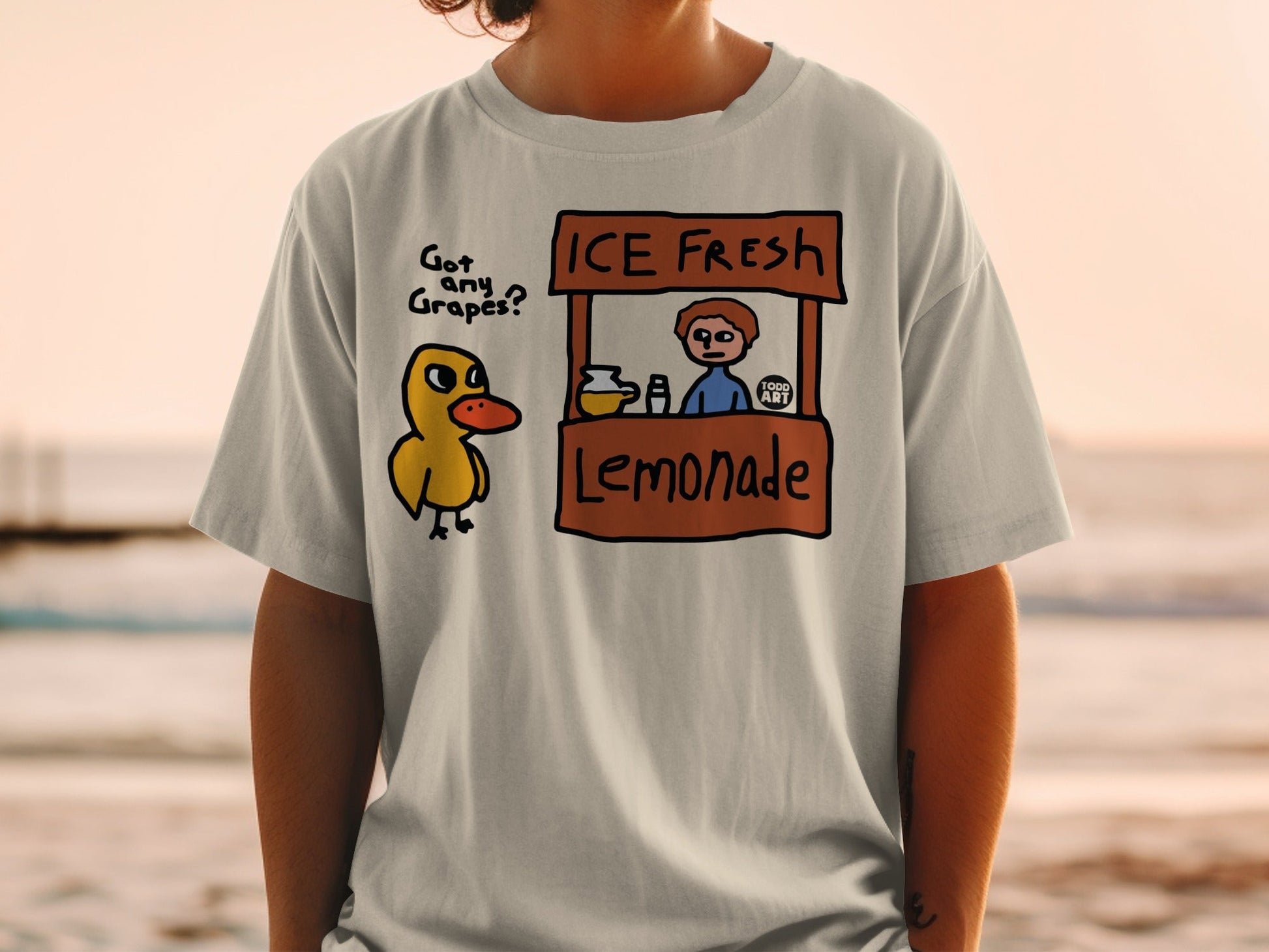 Duck asking "Got any grapes?" to a lemonade stand worker.