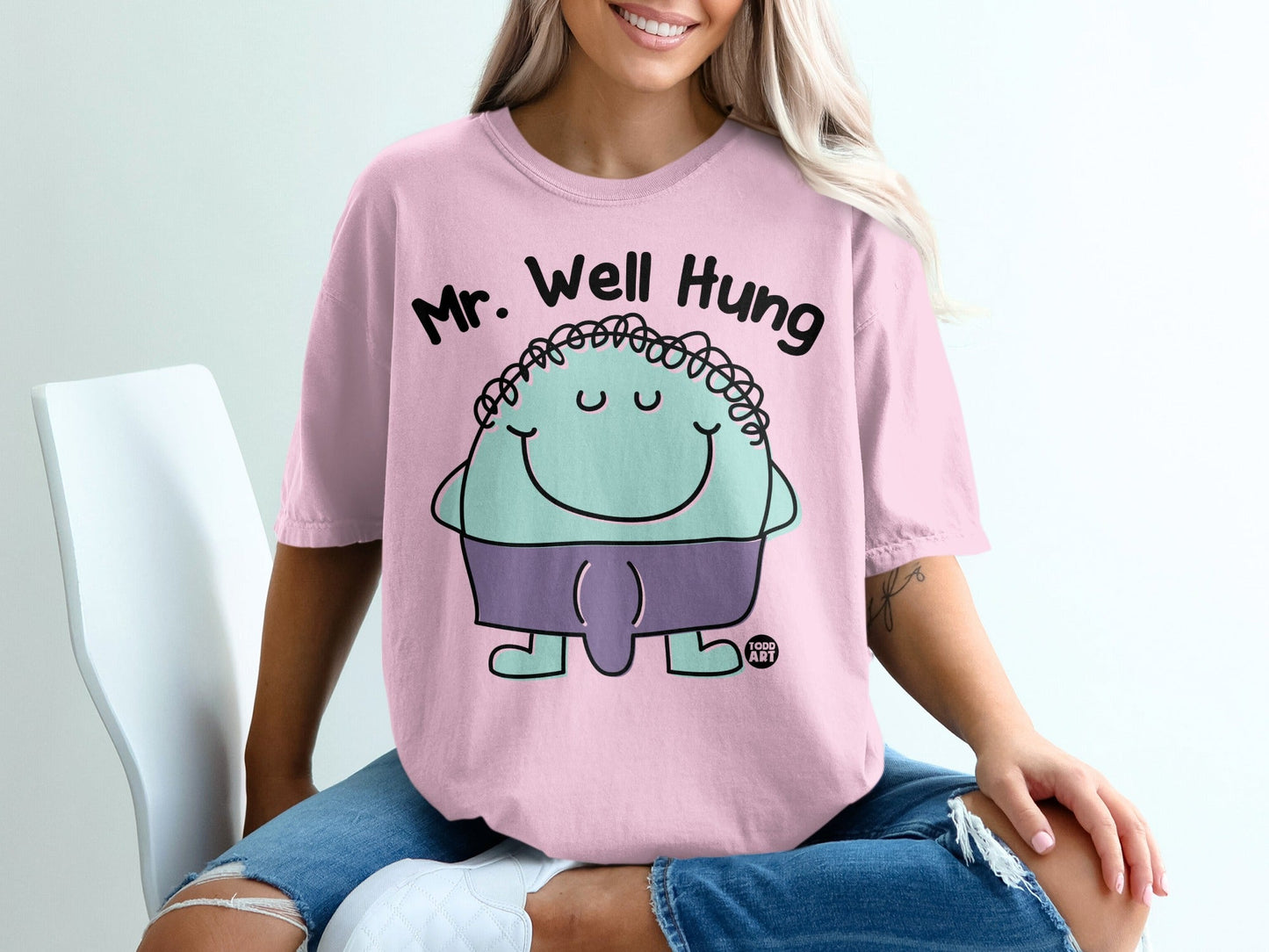 Mr. Well Hung Cartoon Character Pink T-Shirt