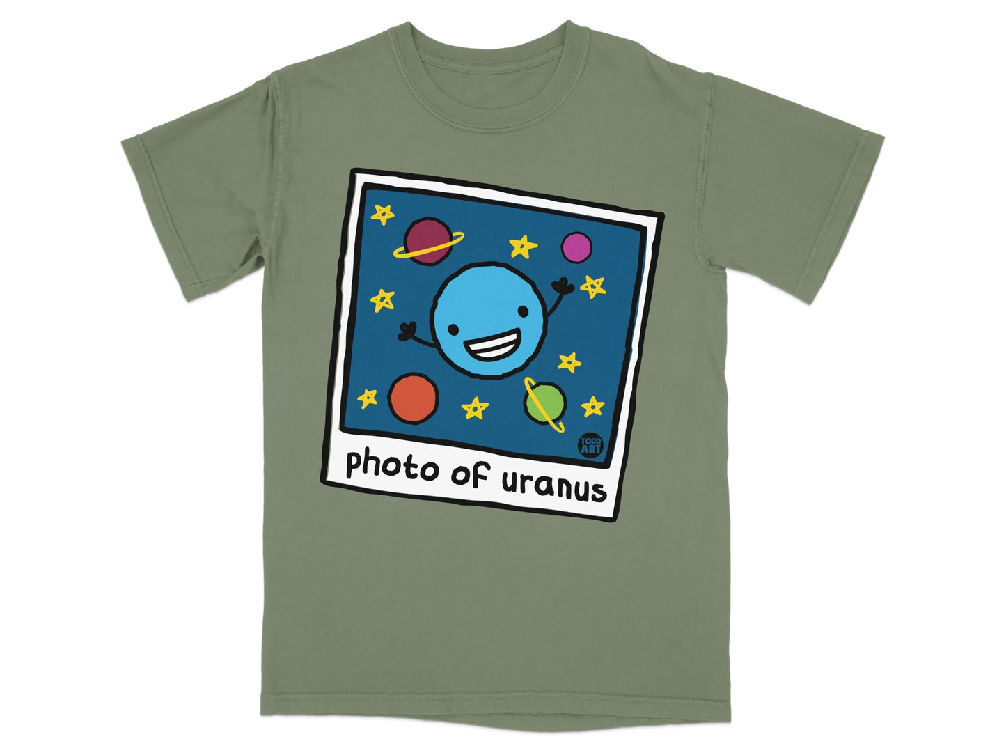 T-shirt with cartoon drawing of smiling planet Uranus and colorful stars.