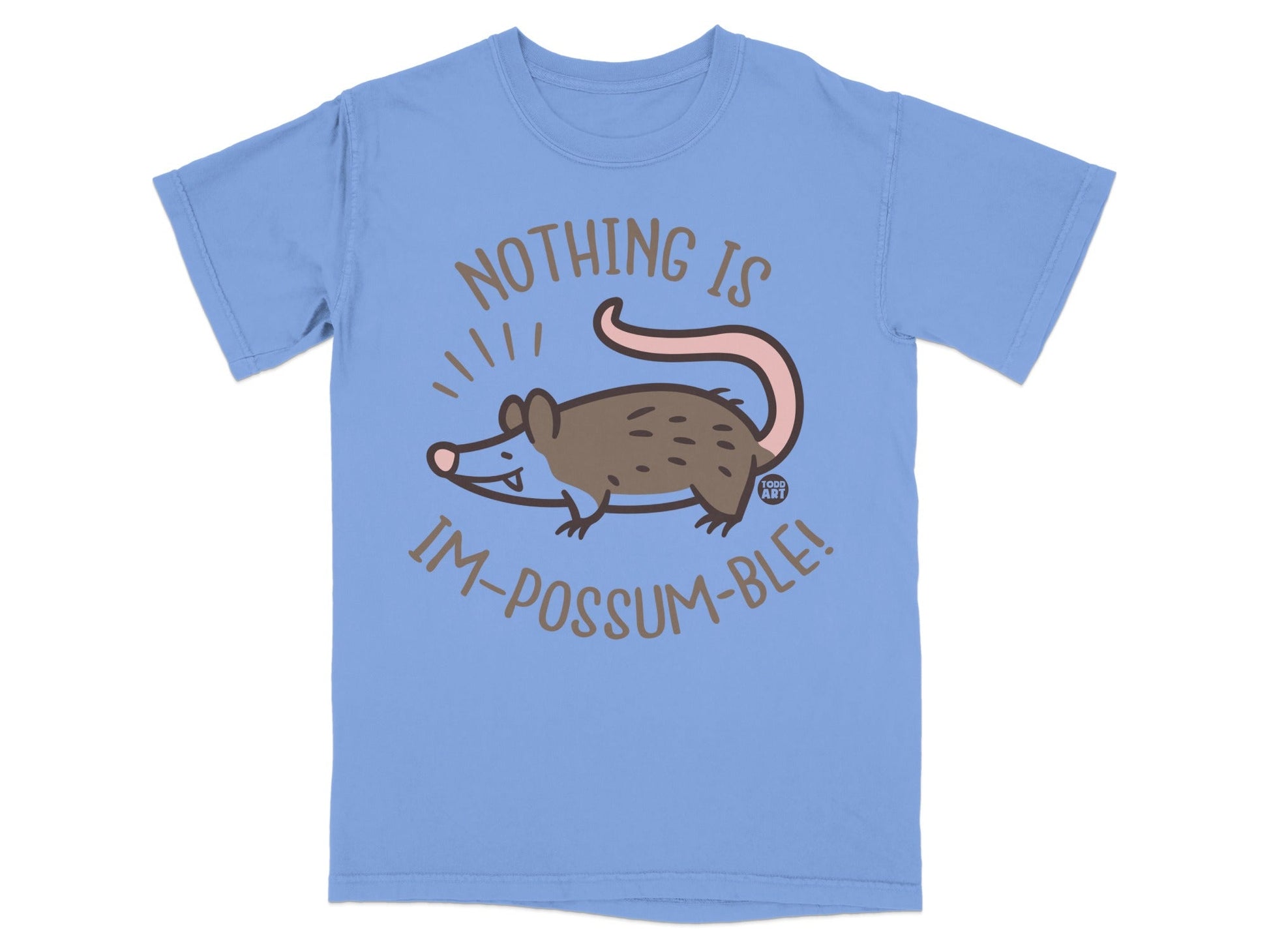 Blue t-shirt with a cartoon possum and text "NOTHING IS IM-POSSUM-BLE!".