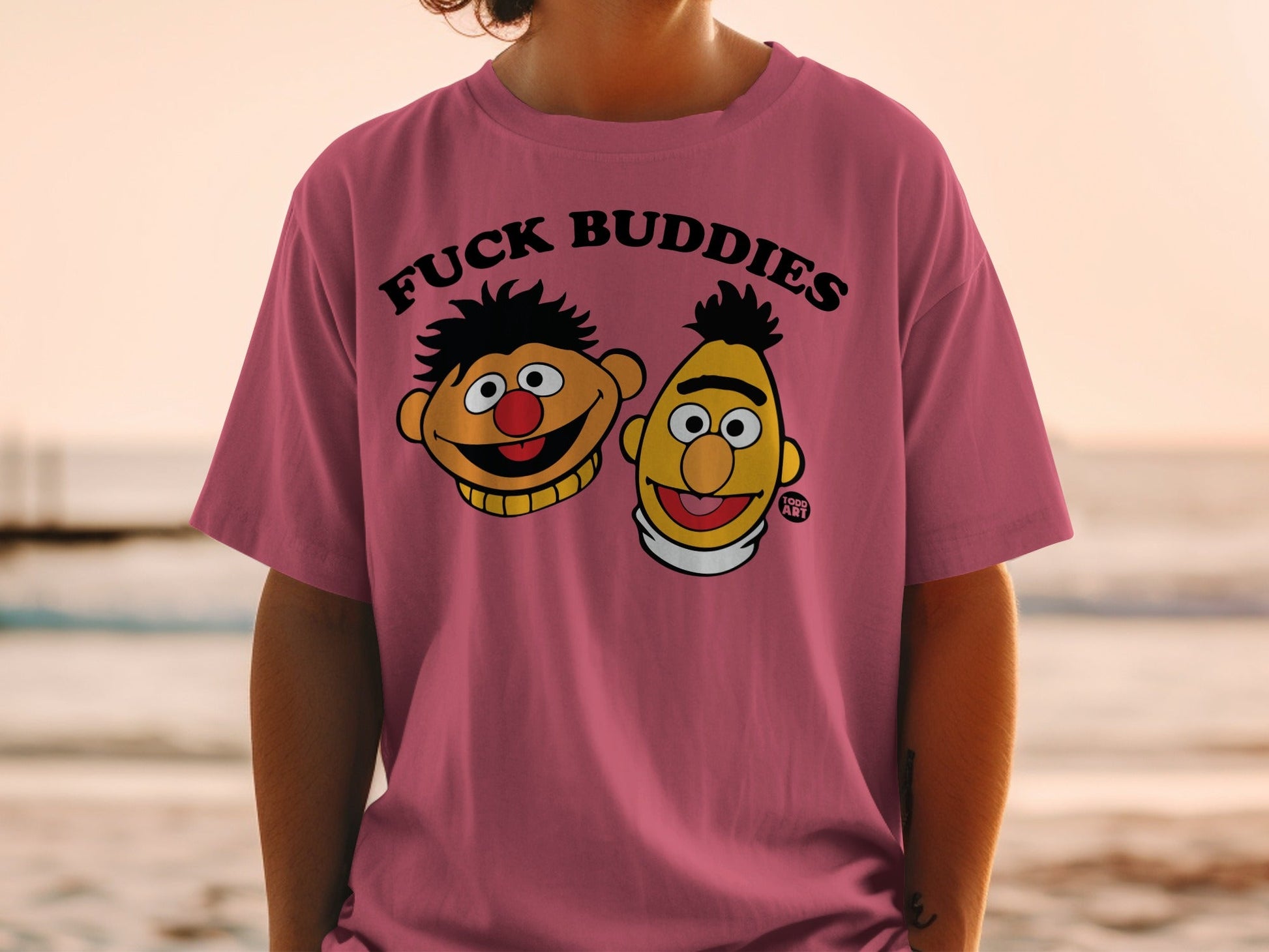 Pink t-shirt with "FUCK BUDDIES" text above Bert and Ernie cartoon characters.