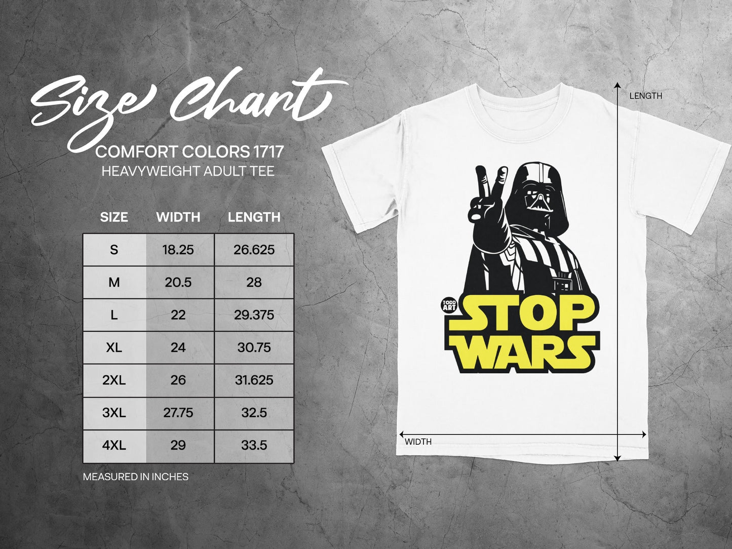 Darth Vader in "Stop Wars" shirt with a size chart for heavyweight adult tees.