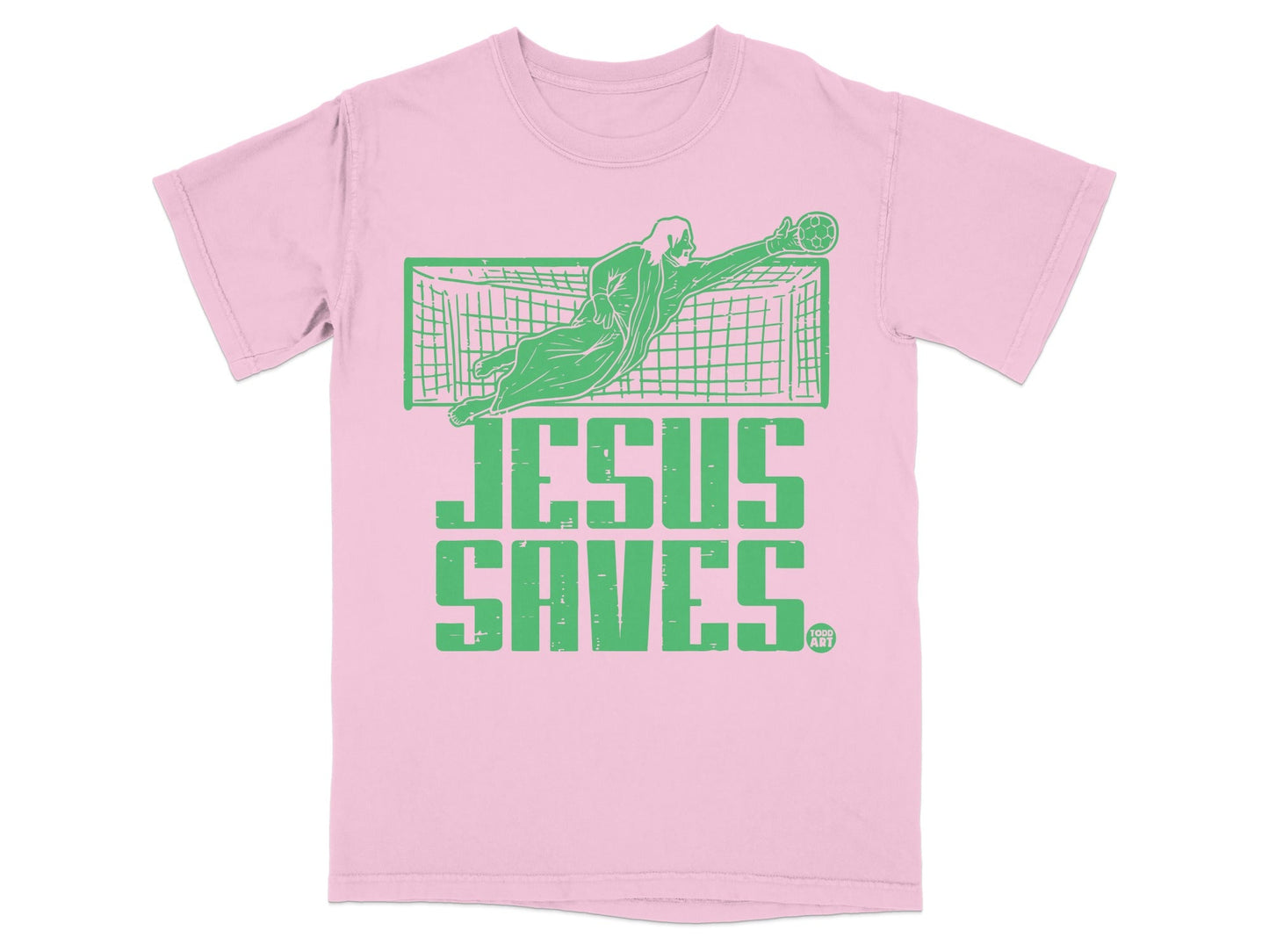 Pink t-shirt with green graphic of a goalkeeper and the text "JESUS SAVES".