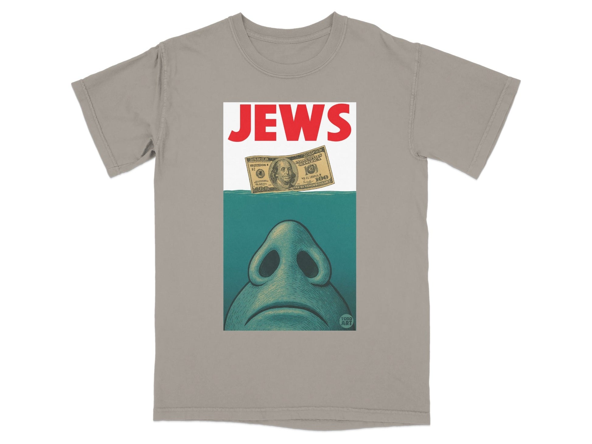 T-shirt with "JEWS" text above a drawing of a nose and water.