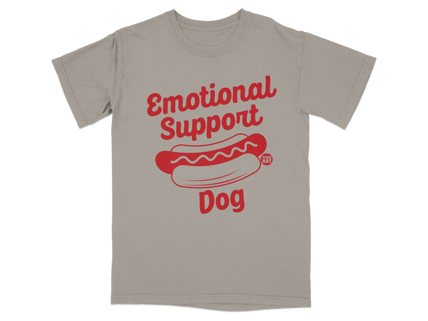 Grey t-shirt with red "Emotional Support Dog" text and hot dog graphic.