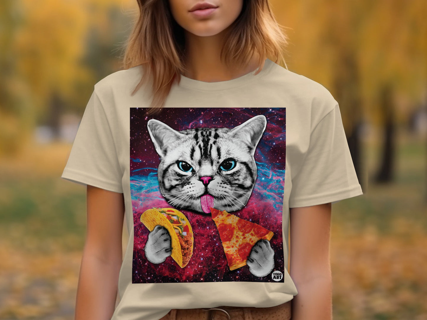 Cosmic Cat Eating Pizza and Taco T-Shirt