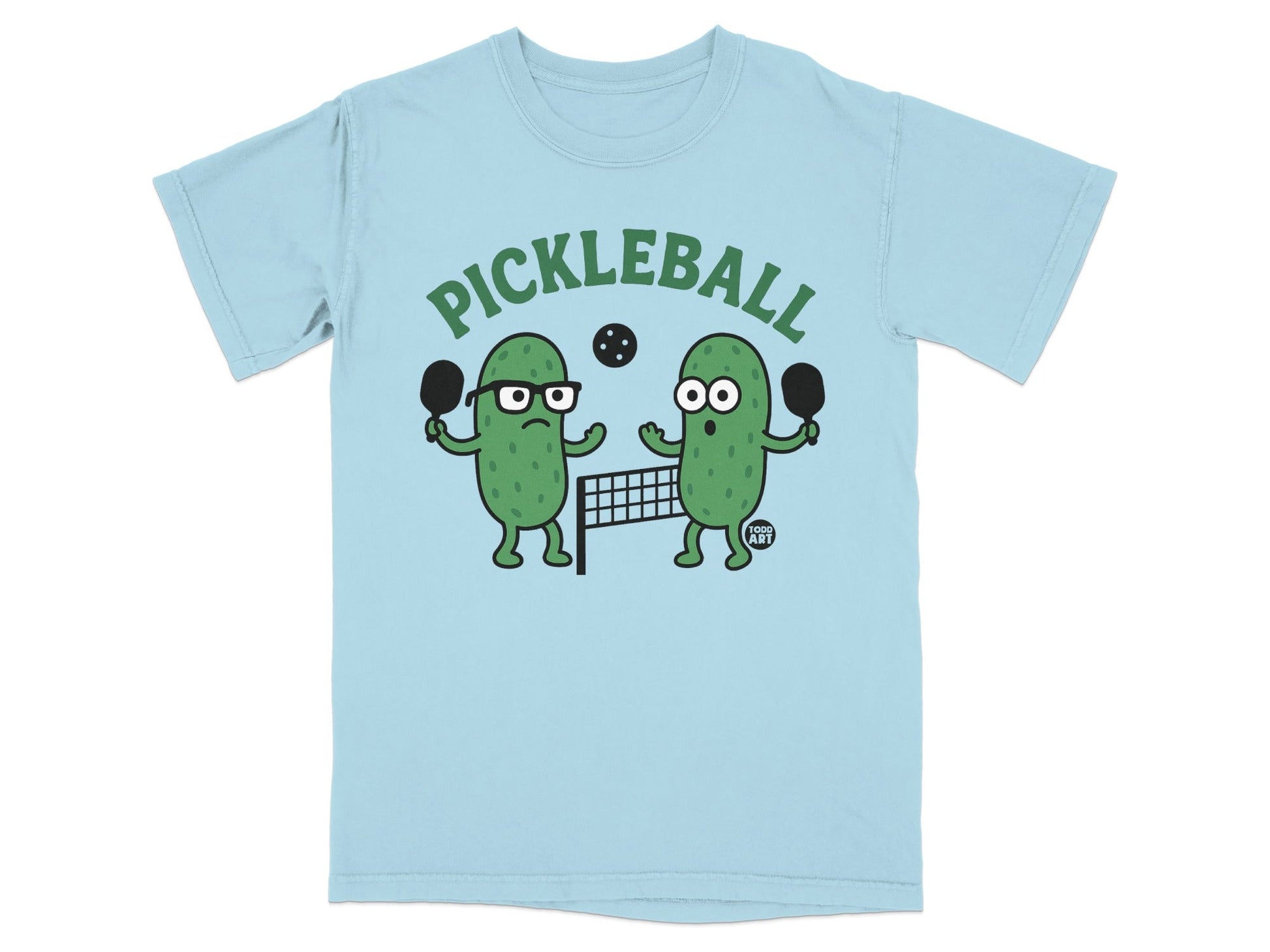 Two cartoon pickles playing pickleball on a court.
