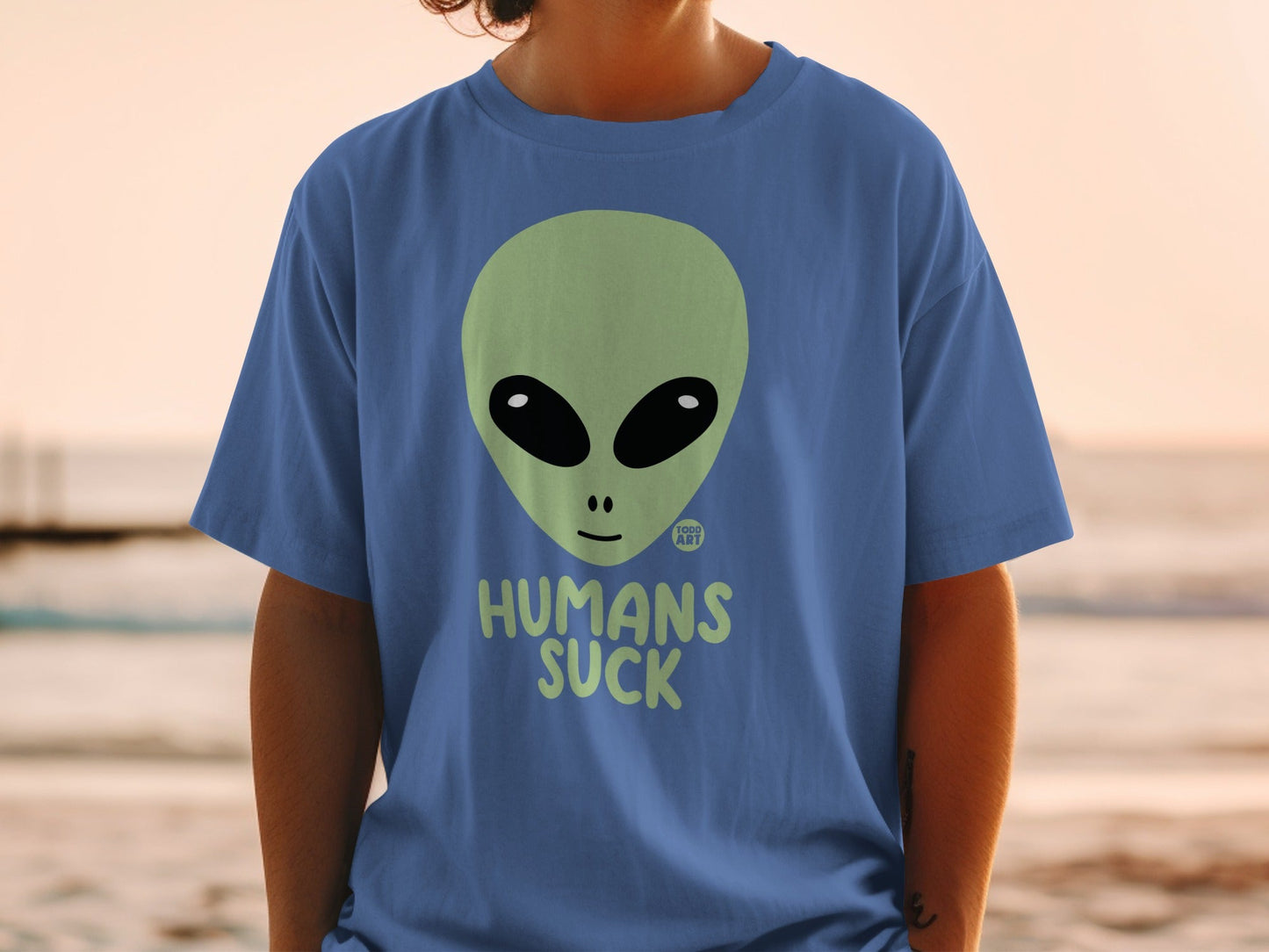Alien Graphic Design Humorous Blue Humans Suck Shirt