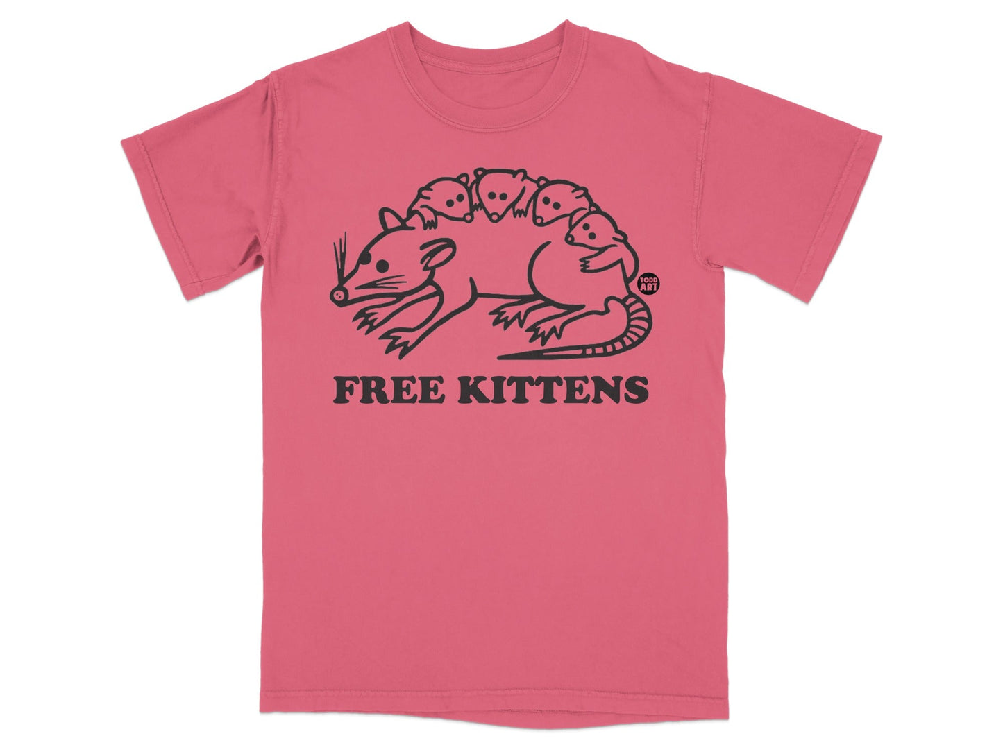 T-shirt with a stylized illustration of a mother opossum carrying five babies on her back.