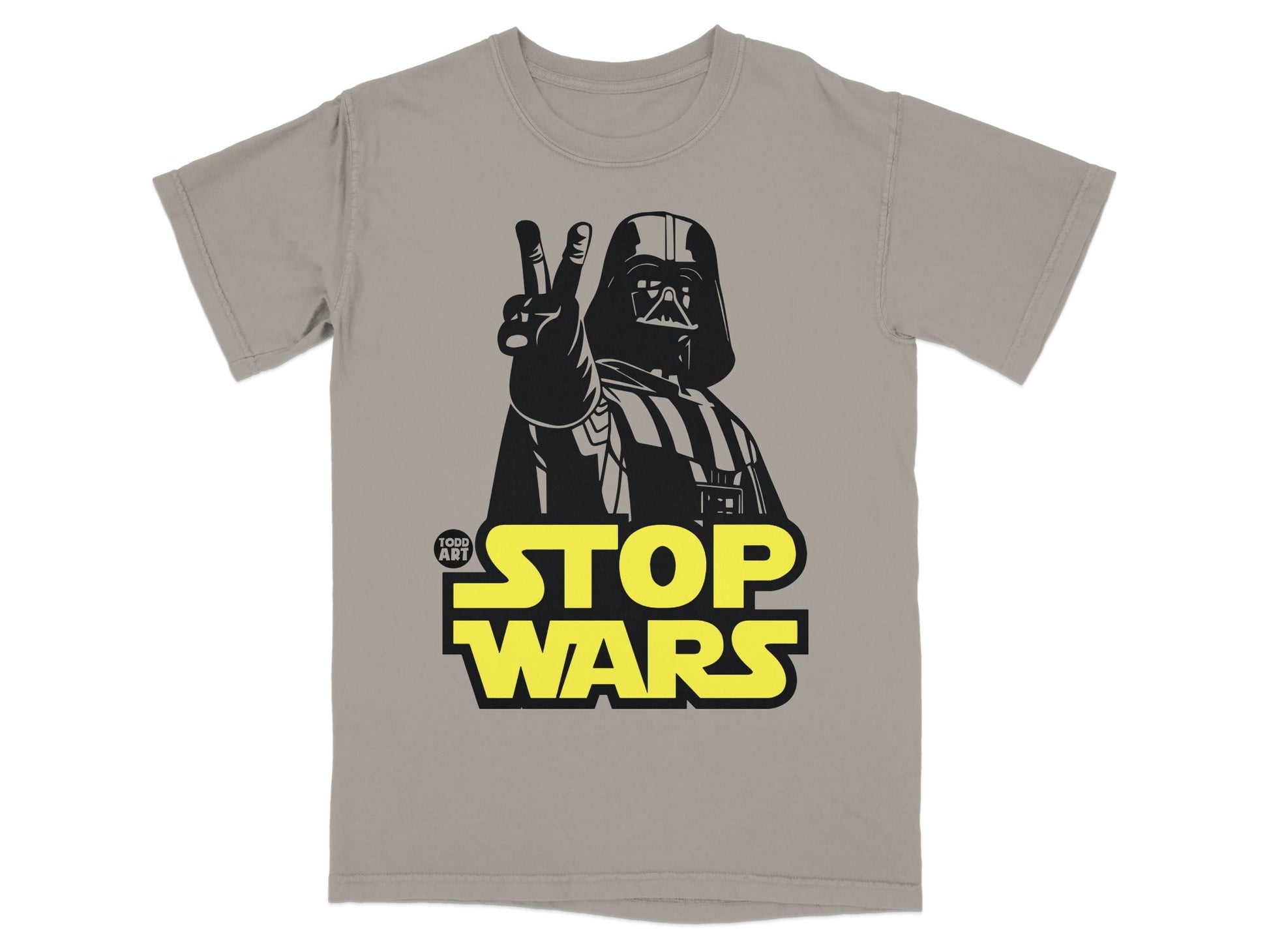 Darth Vader giving peace sign with "STOP WARS" text.