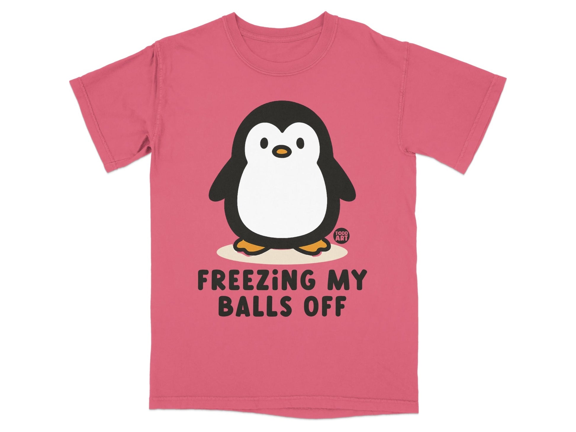 Pink t-shirt with cartoon penguin and text "FREEZING MY BALLS OFF".