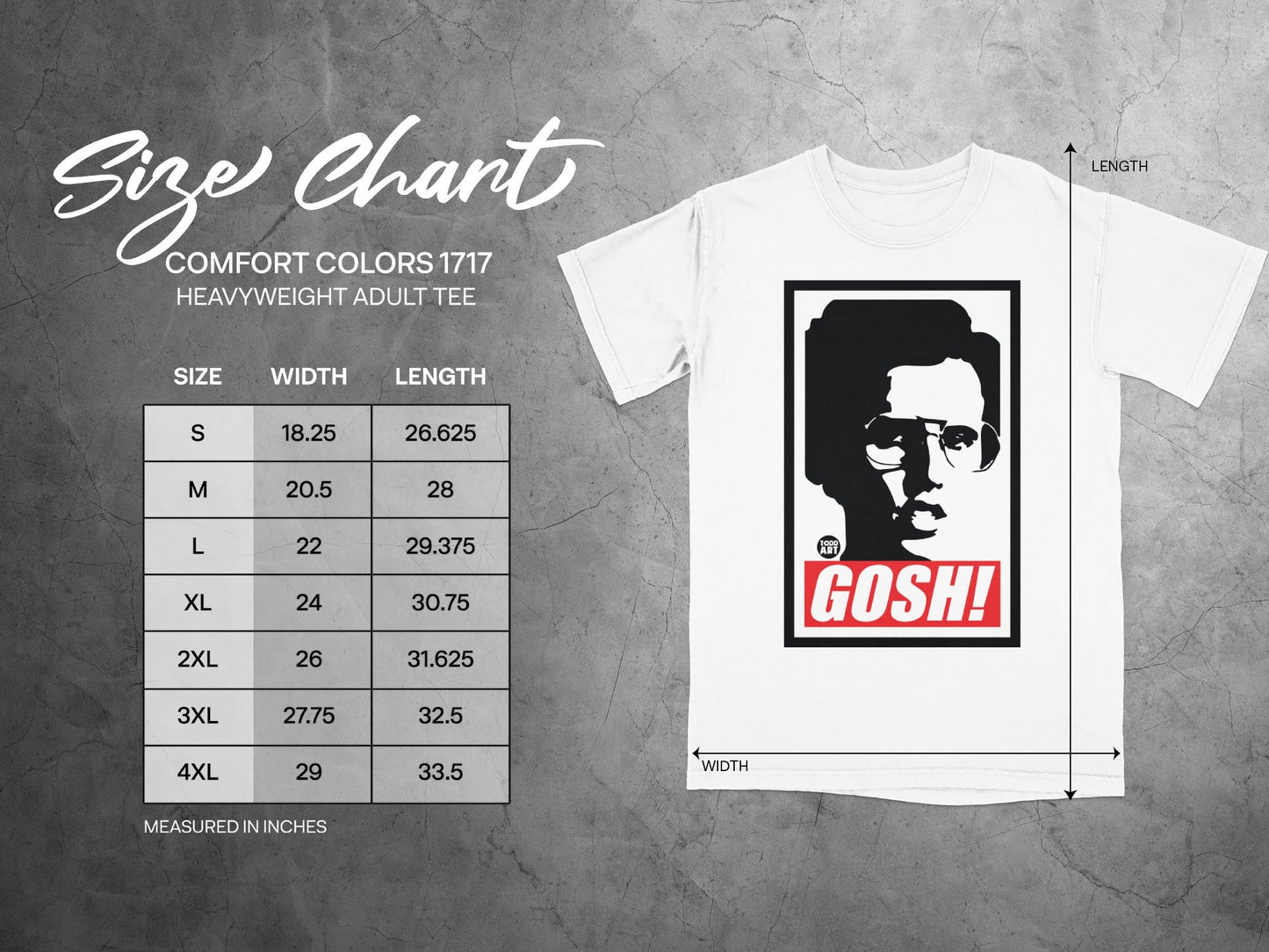 Comfort Colors 1717 heavyweight adult tee size chart with width and length measurements.