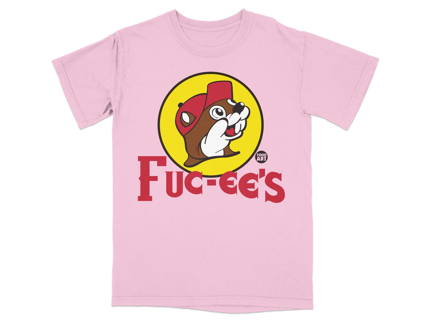 Pink t-shirt with Buc-ee's beaver logo and text.