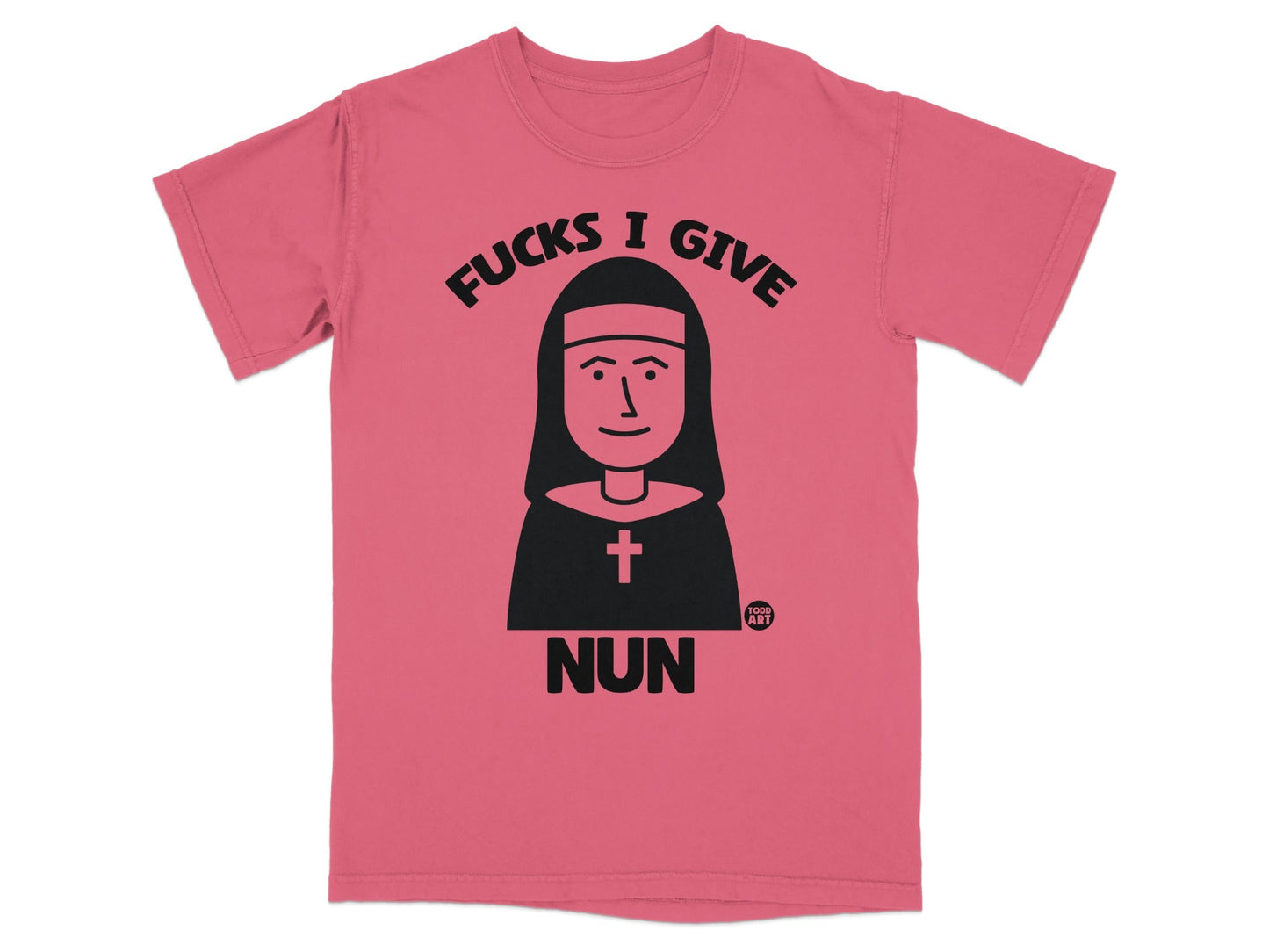 Pink t-shirt with cartoon nun illustration and "Fucks I Give NUN" text.