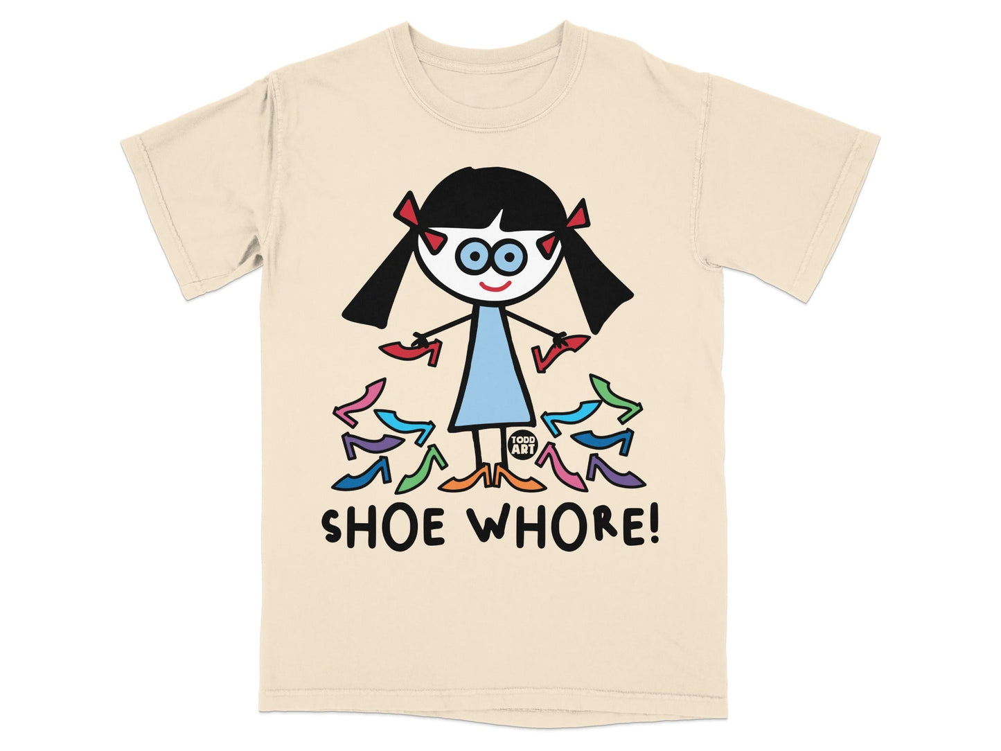 Cartoon Girl with Shoes Graphic on Beige T-Shirt