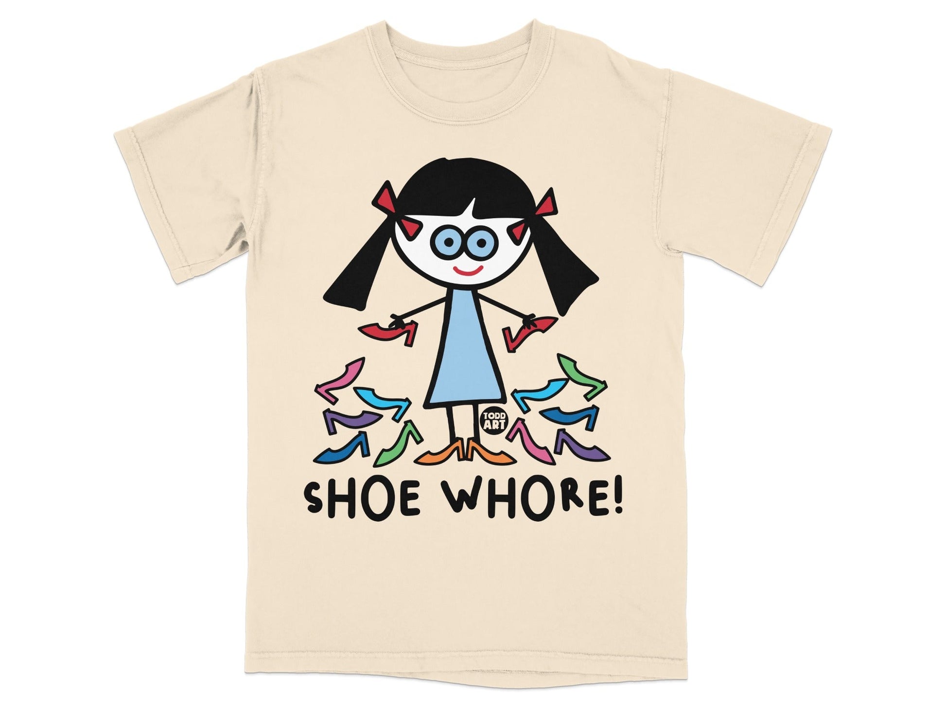 Cartoon Girl with Shoes Graphic on Beige T-Shirt