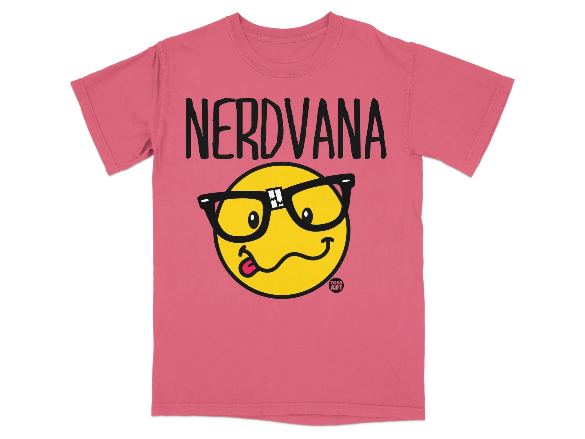 Pink t-shirt with "NERDVANA" text above a smiling emoji with glasses.