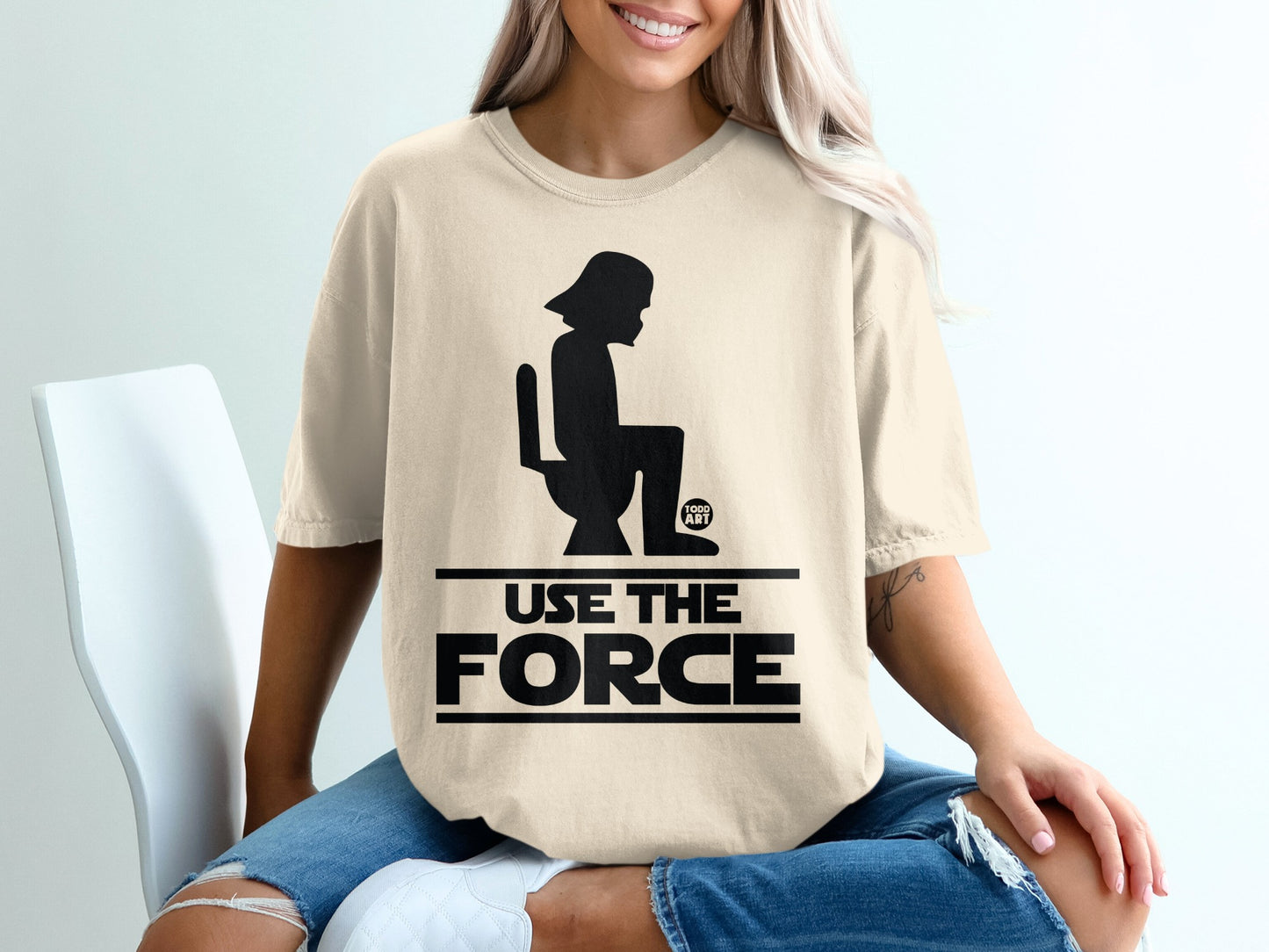T-shirt with Darth Vader on toilet, "Use The Force" text.