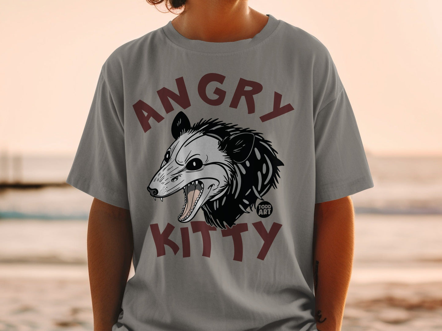 Grey t-shirt with "Angry Kitty" text and a snarling opossum graphic.