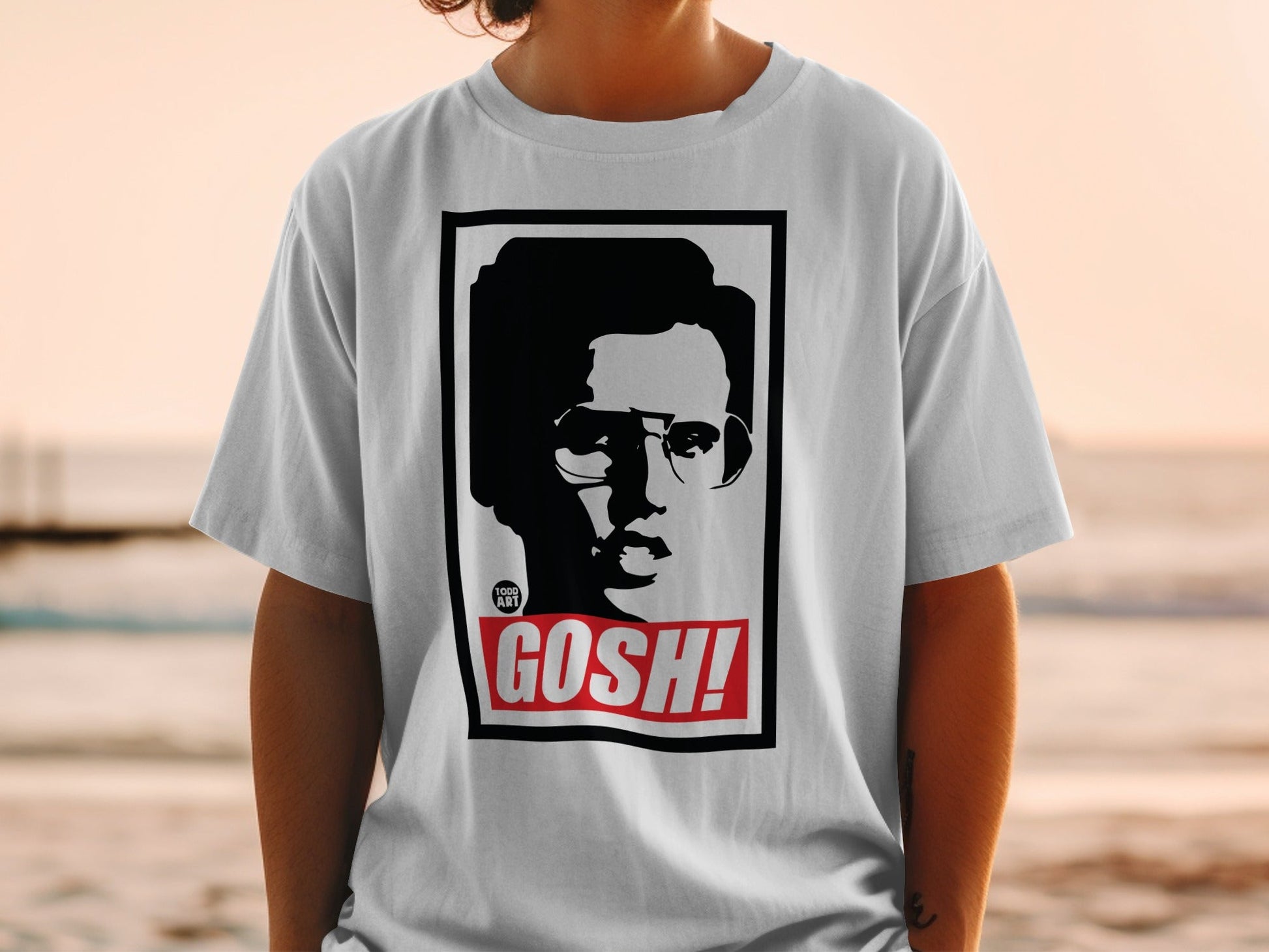 White t-shirt with black graphic of a person wearing glasses and "GOSH!" text.