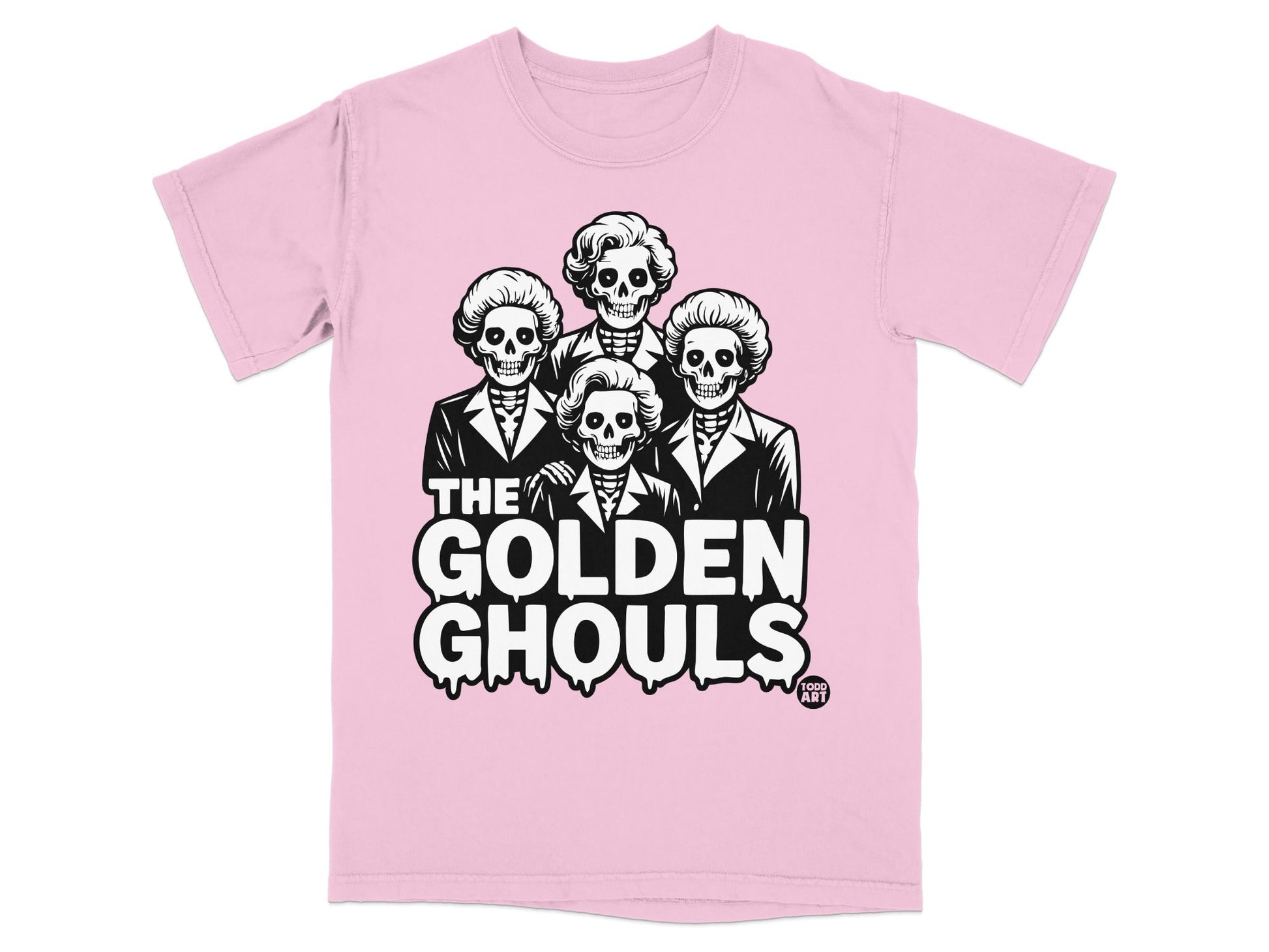 Four skull figures in suits and beehive wigs with "THE GOLDEN GHOULS" text.
