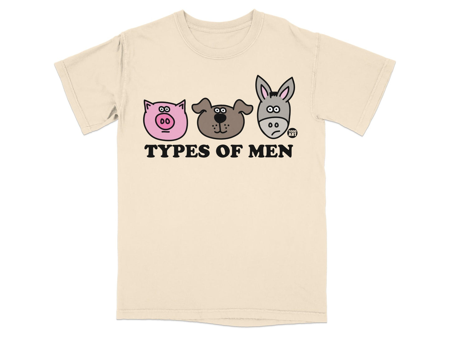 T-shirt with cartoon pig, dog, and donkey heads and "TYPES OF MEN" text.
