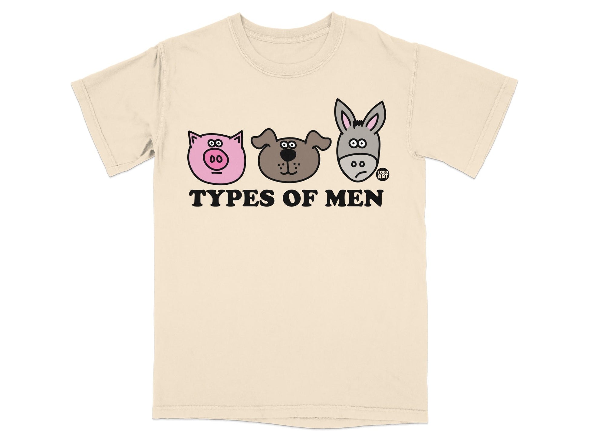 T-shirt with cartoon pig, dog, and donkey heads and "TYPES OF MEN" text.