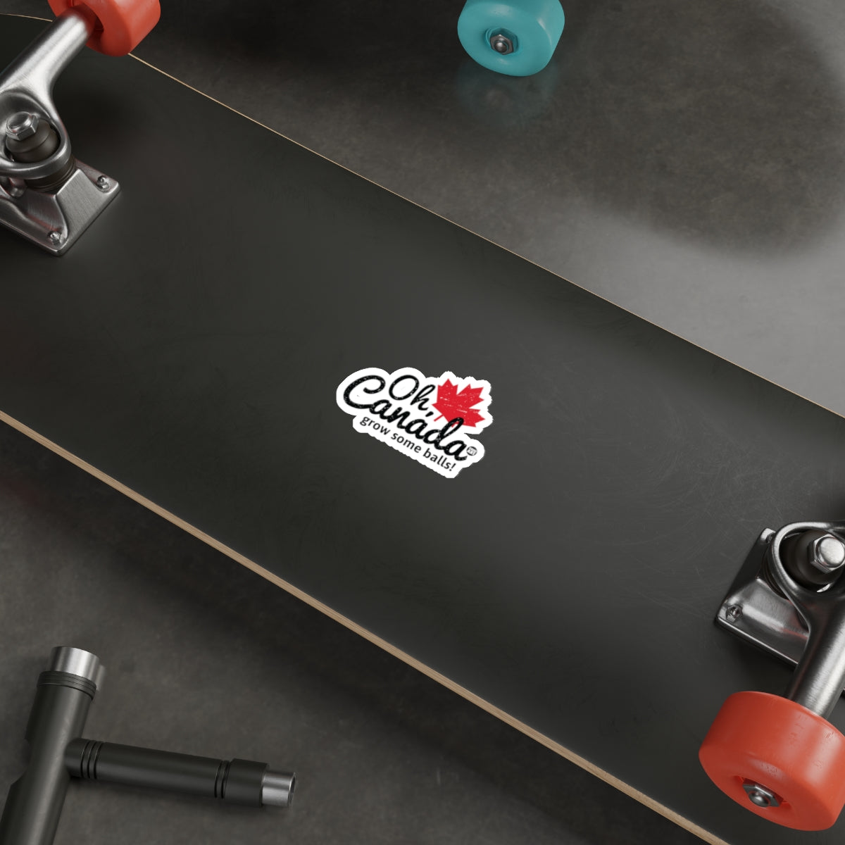 Oh Canada Grow Some Balls Sticker on Skateboard Deck
