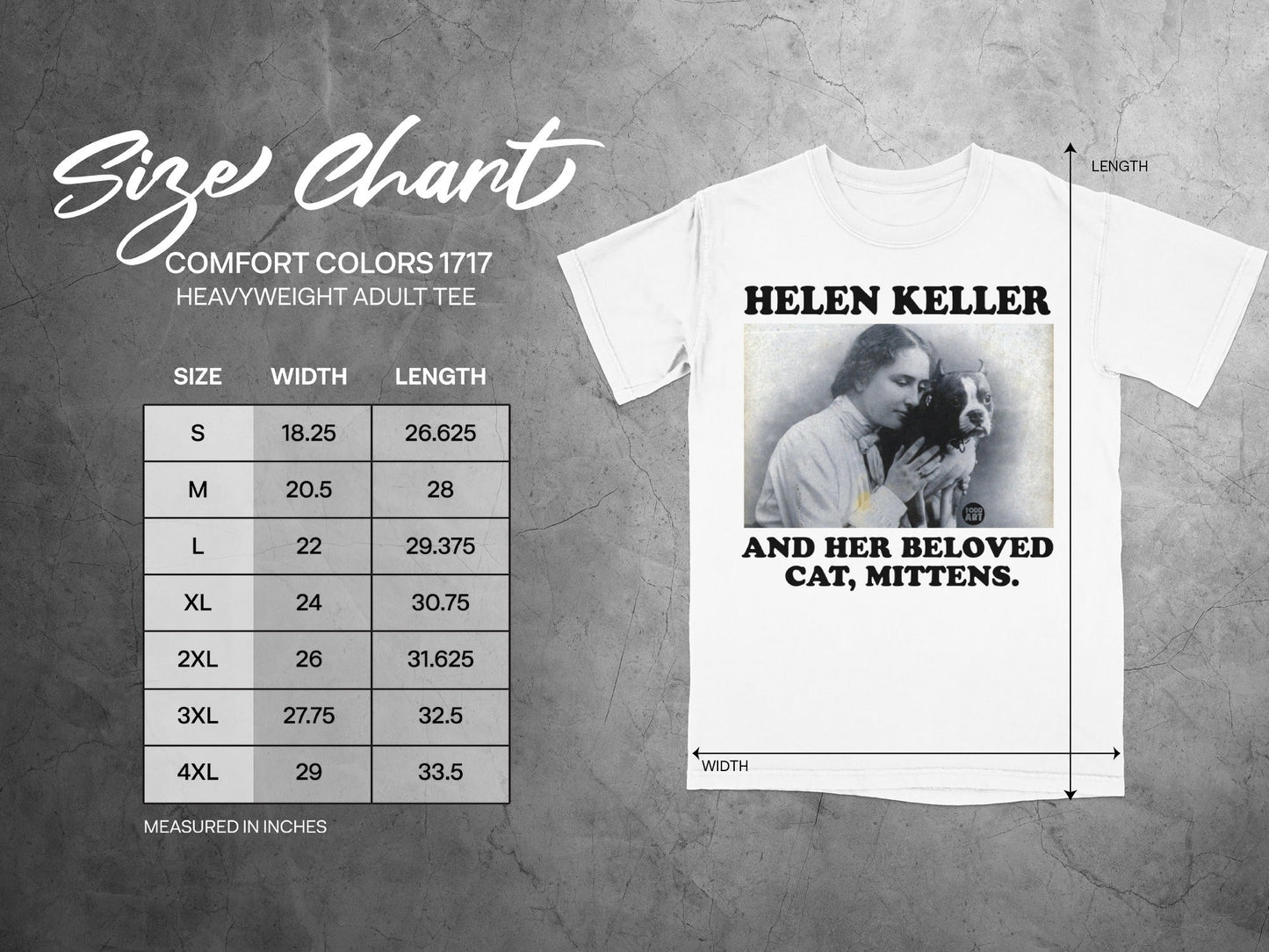 Helen Keller with cat portrait above Comfort Colors 1717 heavyweight adult tee size chart.