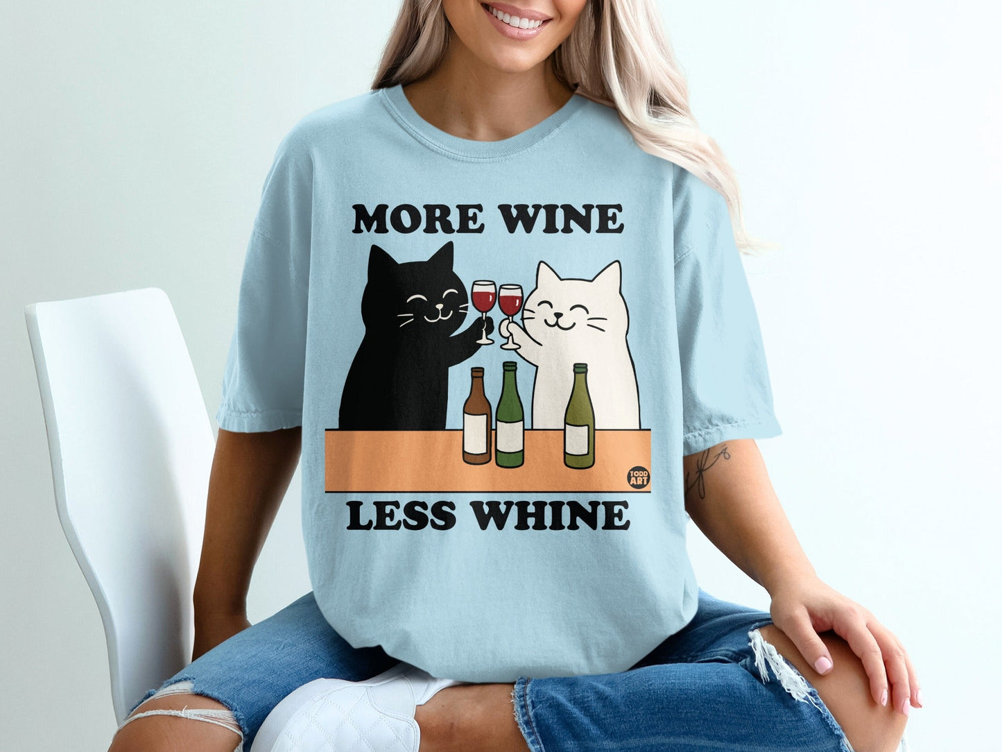 More Wine Less Whine Cat Illustration T-Shirt