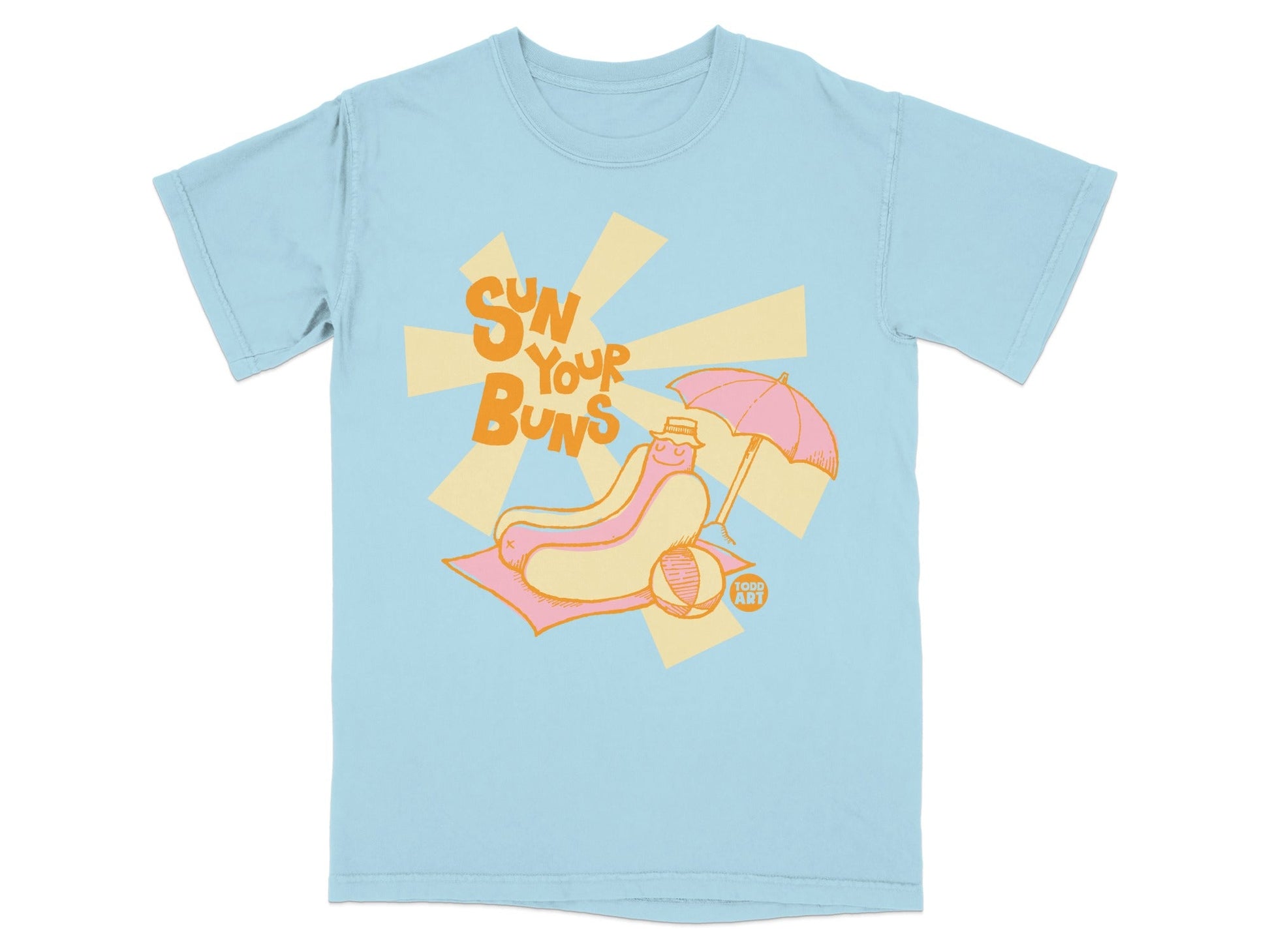 T-shirt with cartoon hot dog wearing hat and holding umbrella on beach.