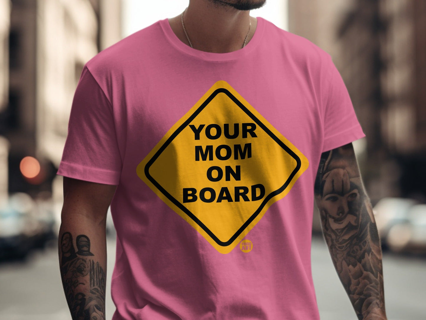 Pink t-shirt with yellow diamond "Your Mom On Board" sign.