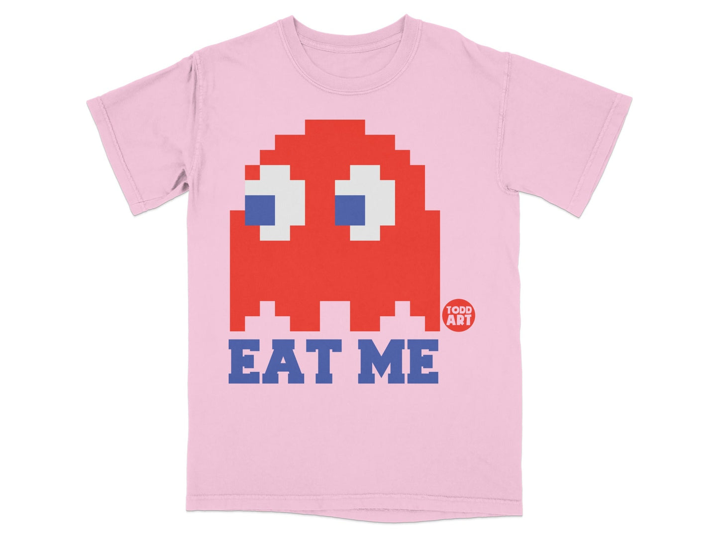 Pink t-shirt with red Pac-Man ghost and "EAT ME" text.