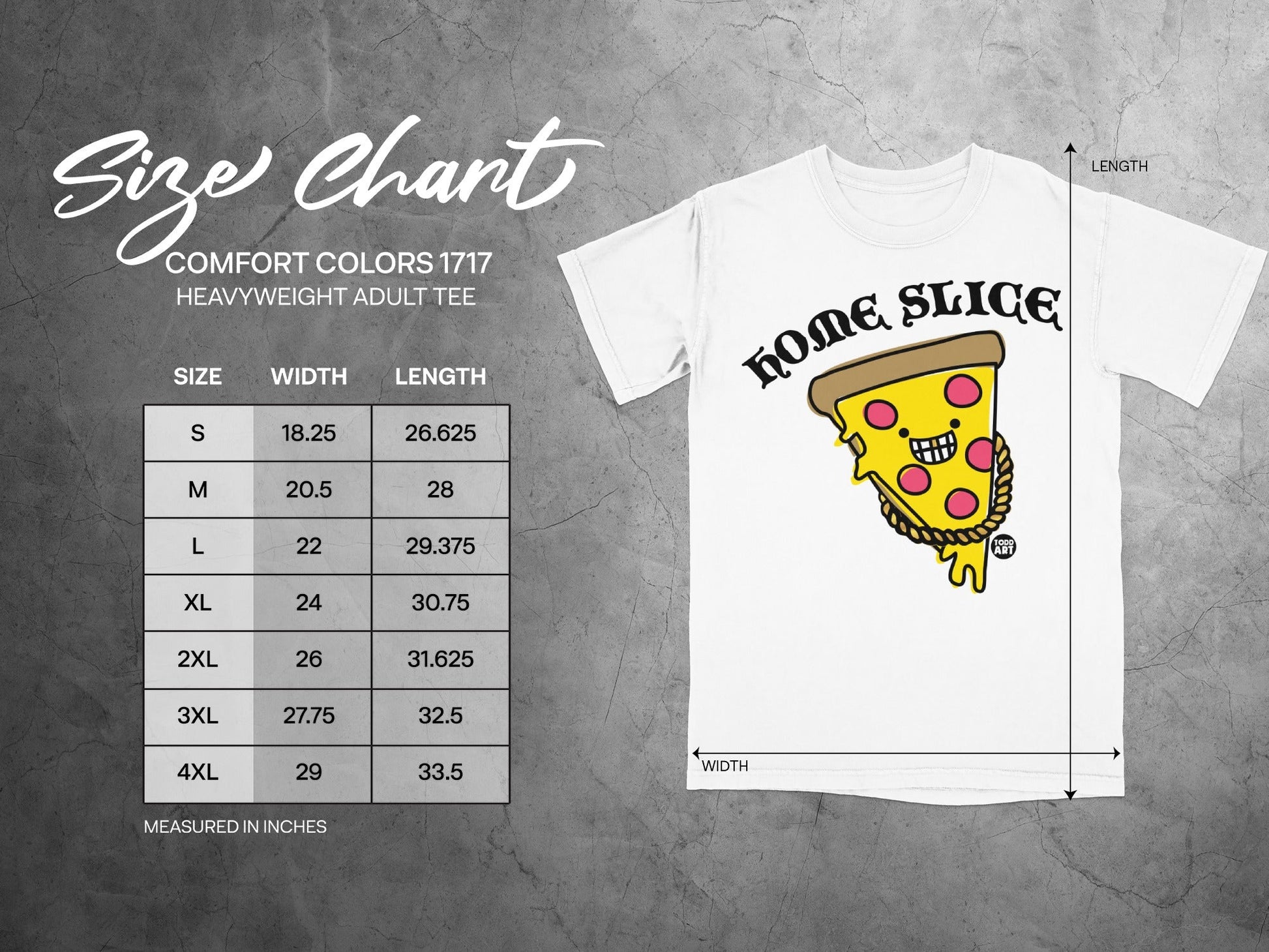 Size chart for Comfort Colors 1717 heavyweight adult tee, with measurements.