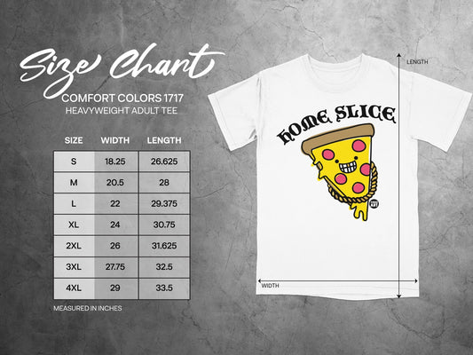 Size chart for Comfort Colors 1717 heavyweight adult tee, with measurements.