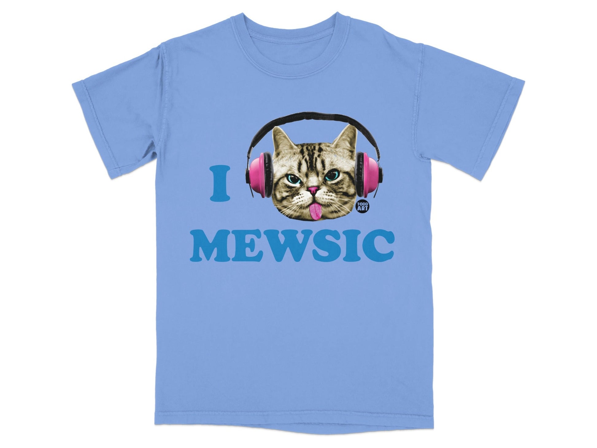 Light blue t-shirt with cat wearing headphones, saying "I MEWSIC" and "GOOD ART" logo.