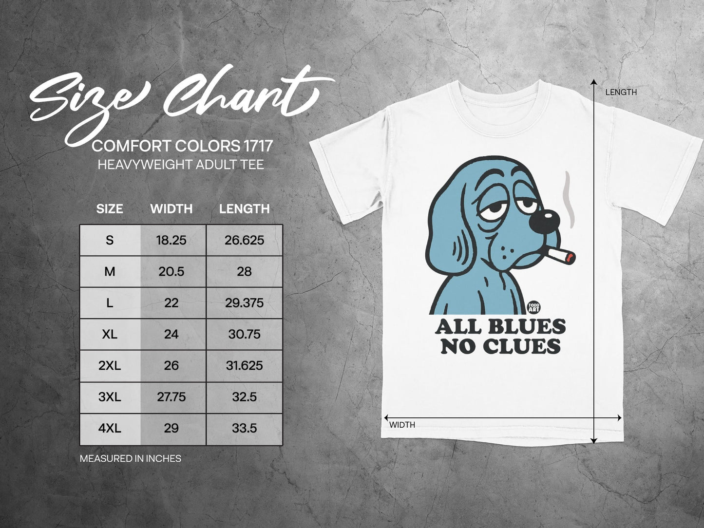 Comfort Colors 1717 size chart for heavyweight adult tee with cartoon dog.
