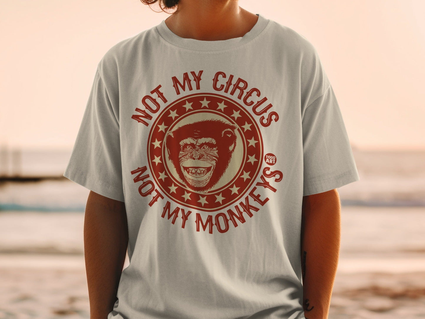 Light gray t-shirt with "NOT MY CIRCUS NOT MY MONKEYS" and a monkey graphic.