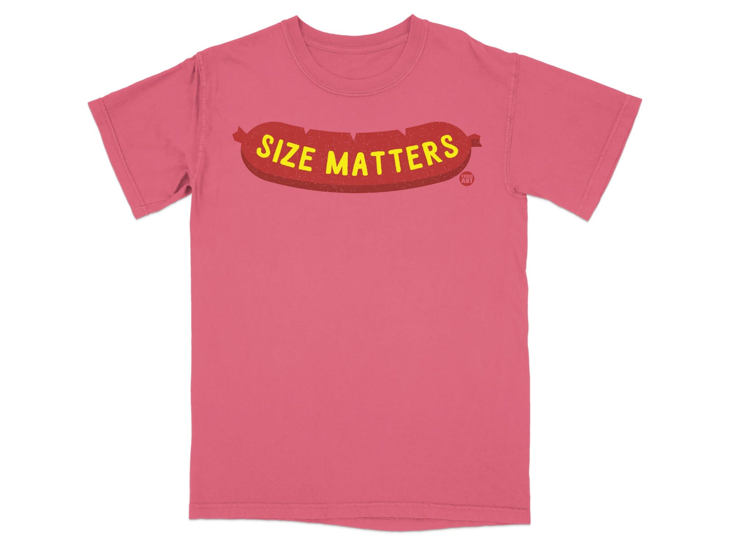 Pink t-shirt with text "SIZE MATTERS" printed in yellow.
