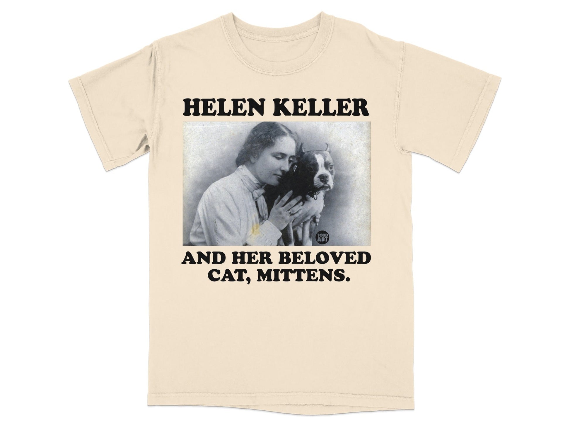 Cream t-shirt with Helen Keller and her cat, Mittens.