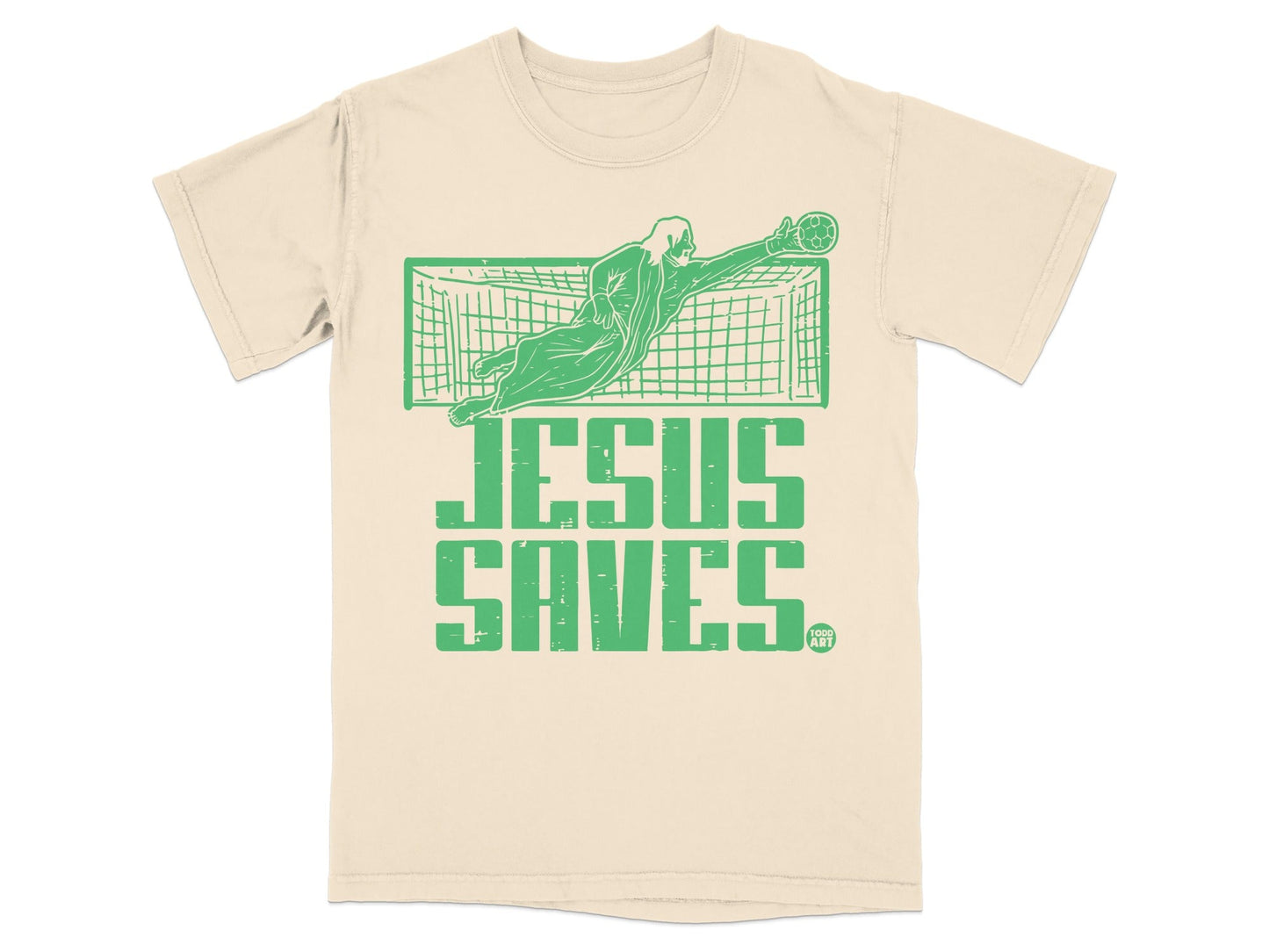 Green graphic of a soccer goalie saving a ball, with text "JESUS SAVES".