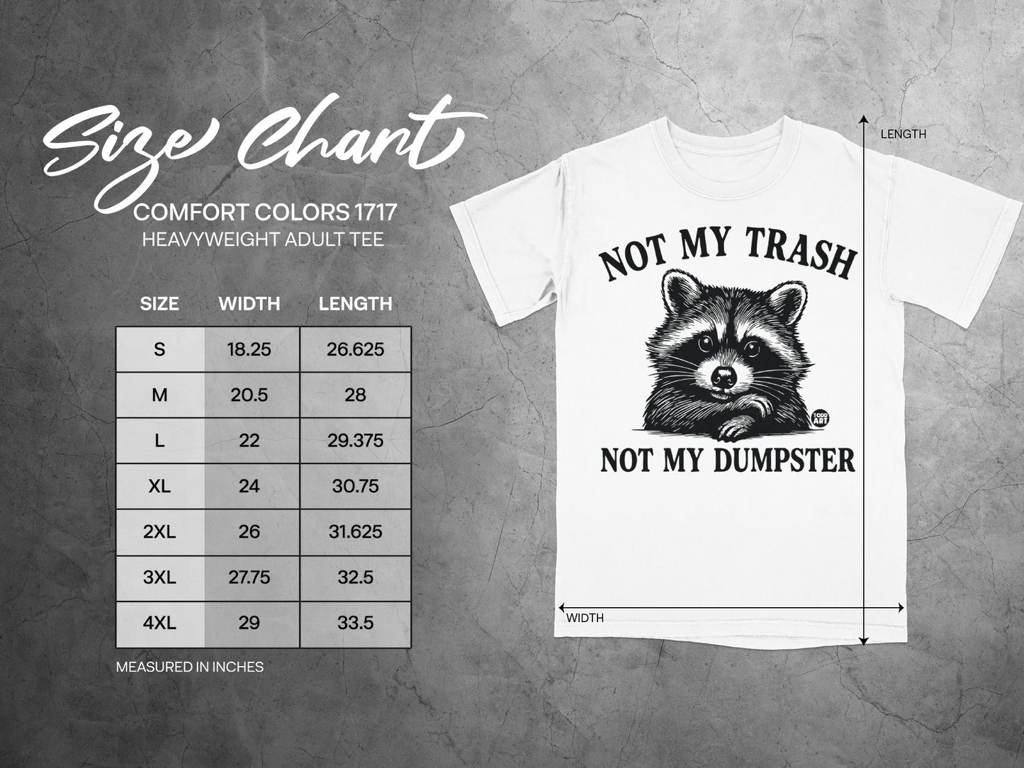 Size chart for Comfort Colors 1717 heavyweight adult tee with raccoon graphic.