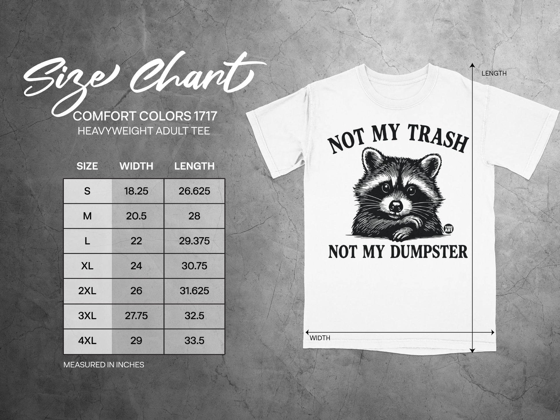 Size chart for Comfort Colors 1717 heavyweight adult tee with raccoon graphic.